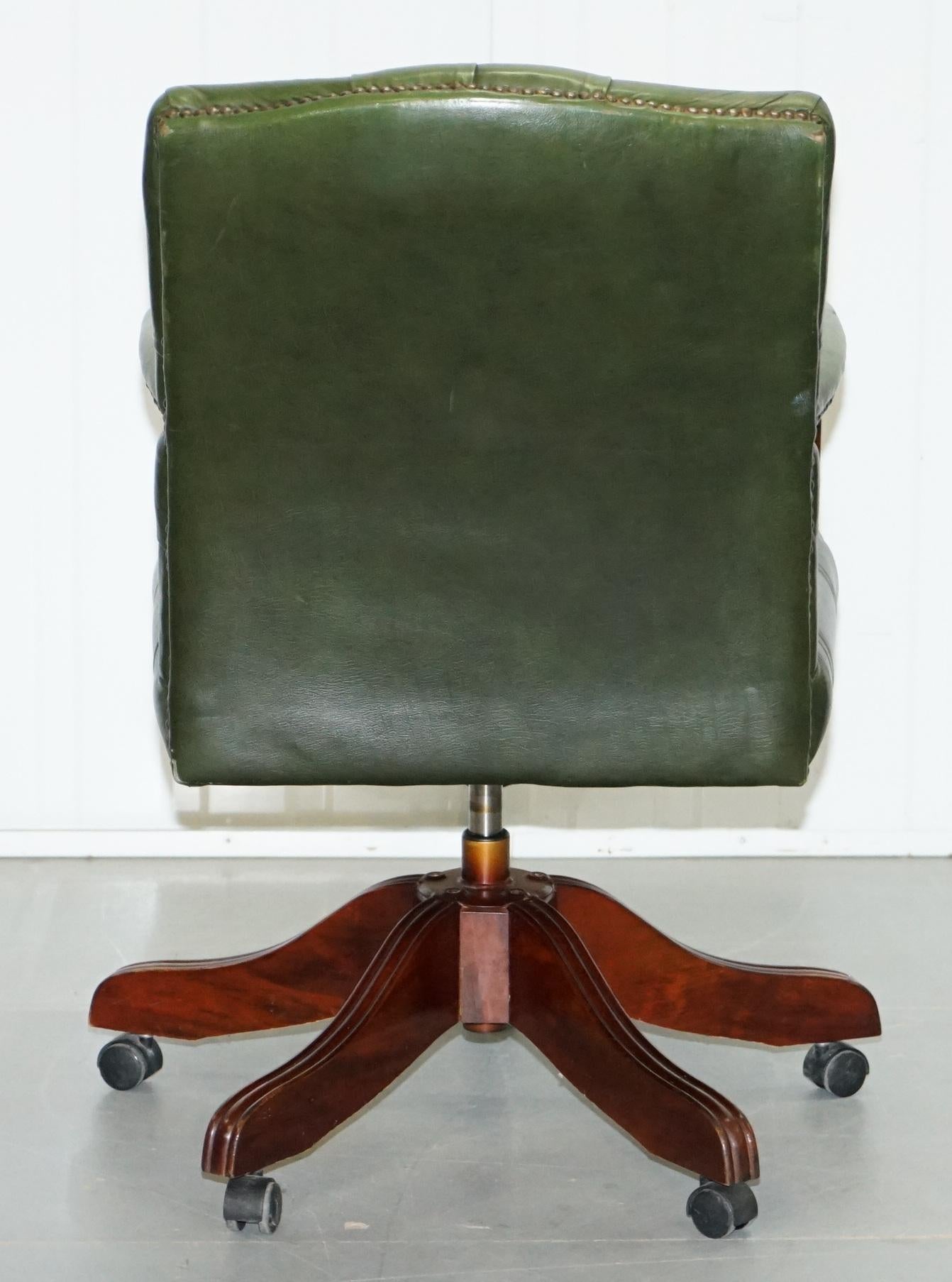 Vintage Directors Green Leather Chesterfield Captains Chair Solid Wood Frame 5