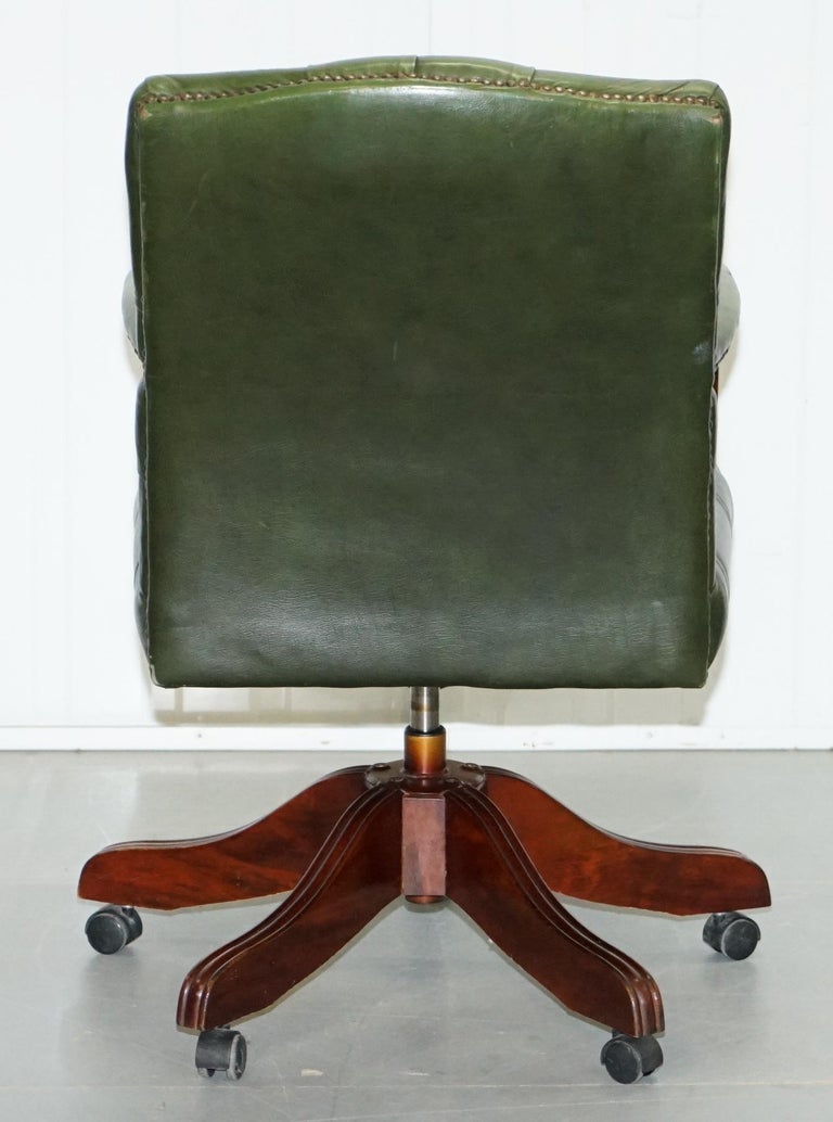 Vintage Directors Green Leather Chesterfield Captains Chair Solid Wood Frame at 1stDibs