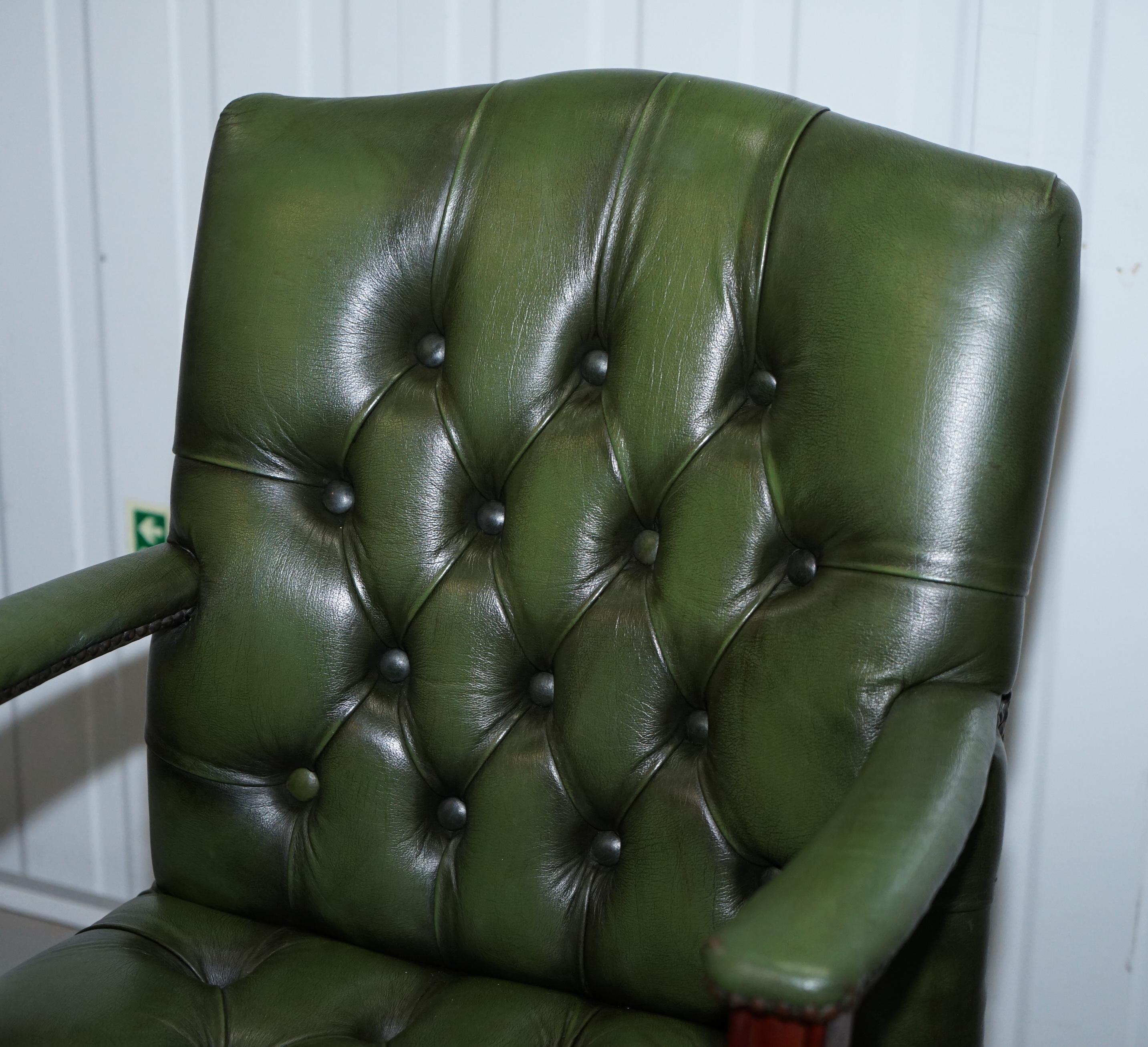 English Vintage Directors Green Leather Chesterfield Captains Chair Solid Wood Frame