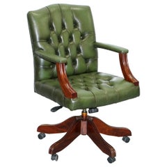 Vintage Directors Green Leather Chesterfield Captains Chair Solid Wood Frame