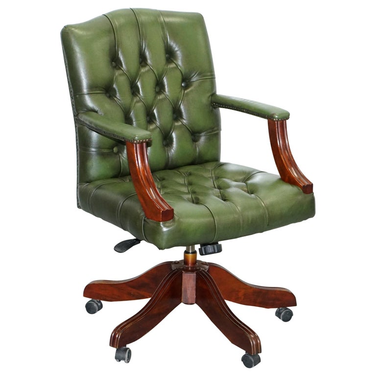 Vintage Directors Green Leather Chesterfield Captains Chair Solid Wood  Frame at 1stDibs | green leather desk chair, vintage green leather office  chair, vintage green office chair