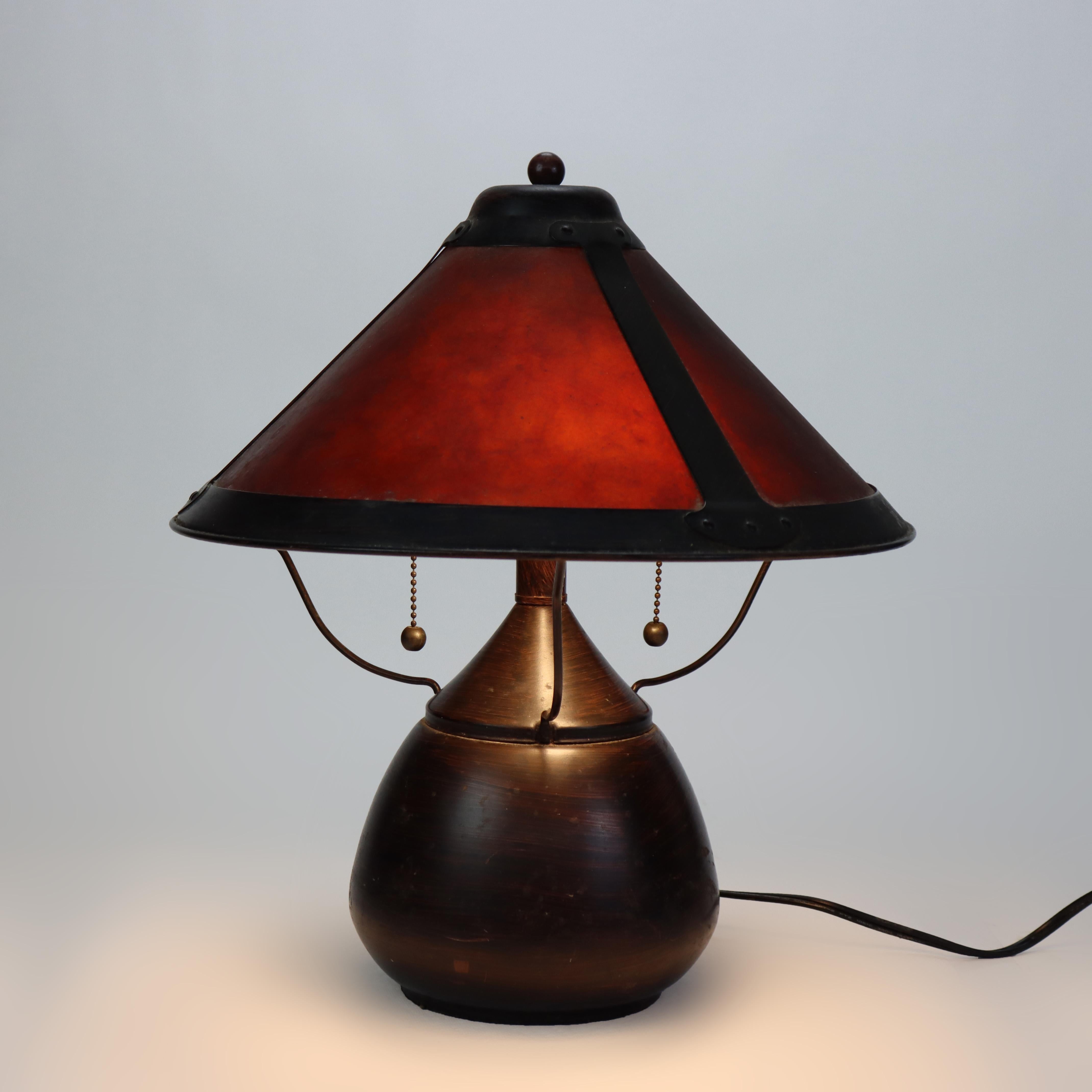 Vintage Dirk Van Erp School Bronze Table Lamp with Mica Shade Unsigned In Good Condition For Sale In Big Flats, NY