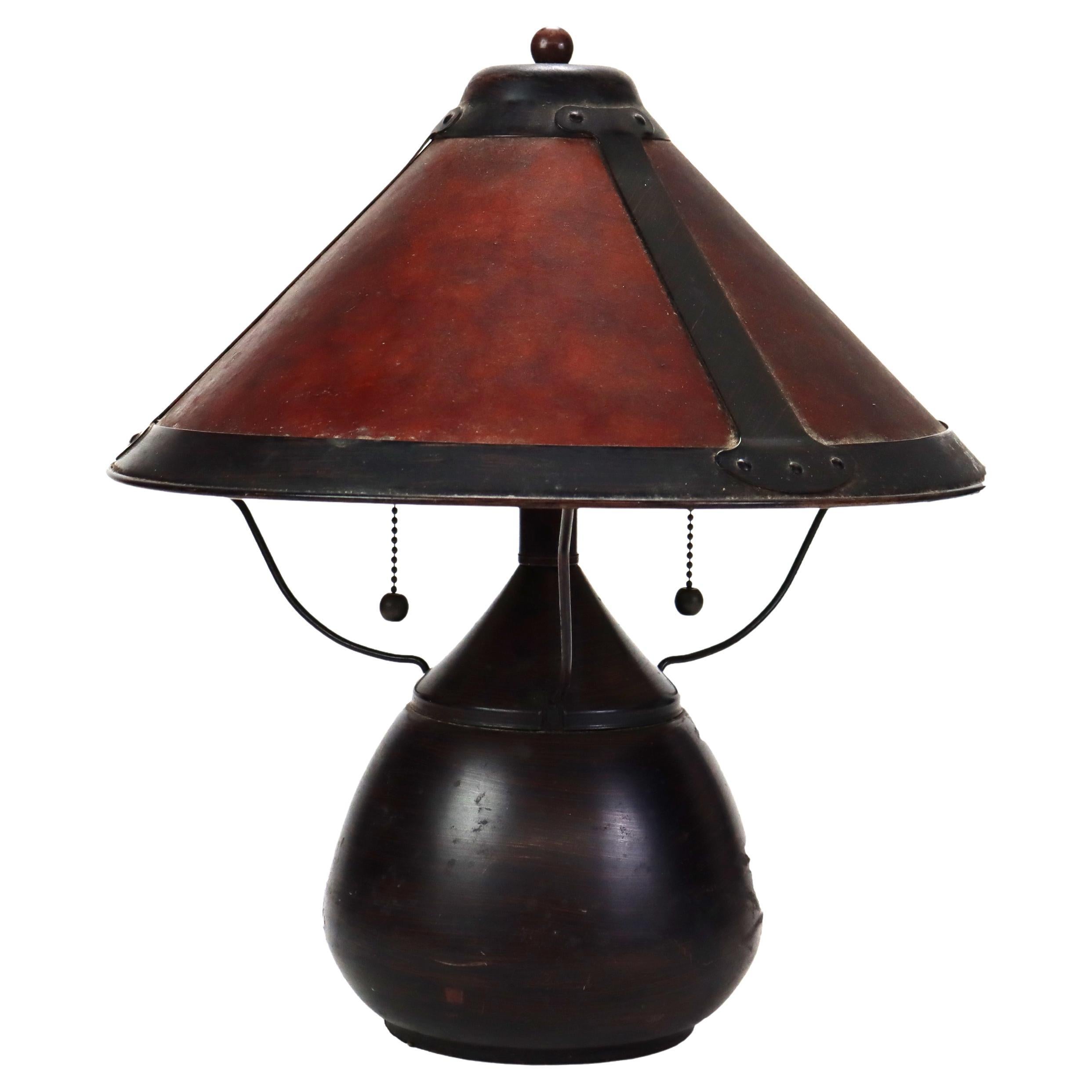 Vintage Dirk Van Erp School Bronze Table Lamp with Mica Shade Unsigned For Sale