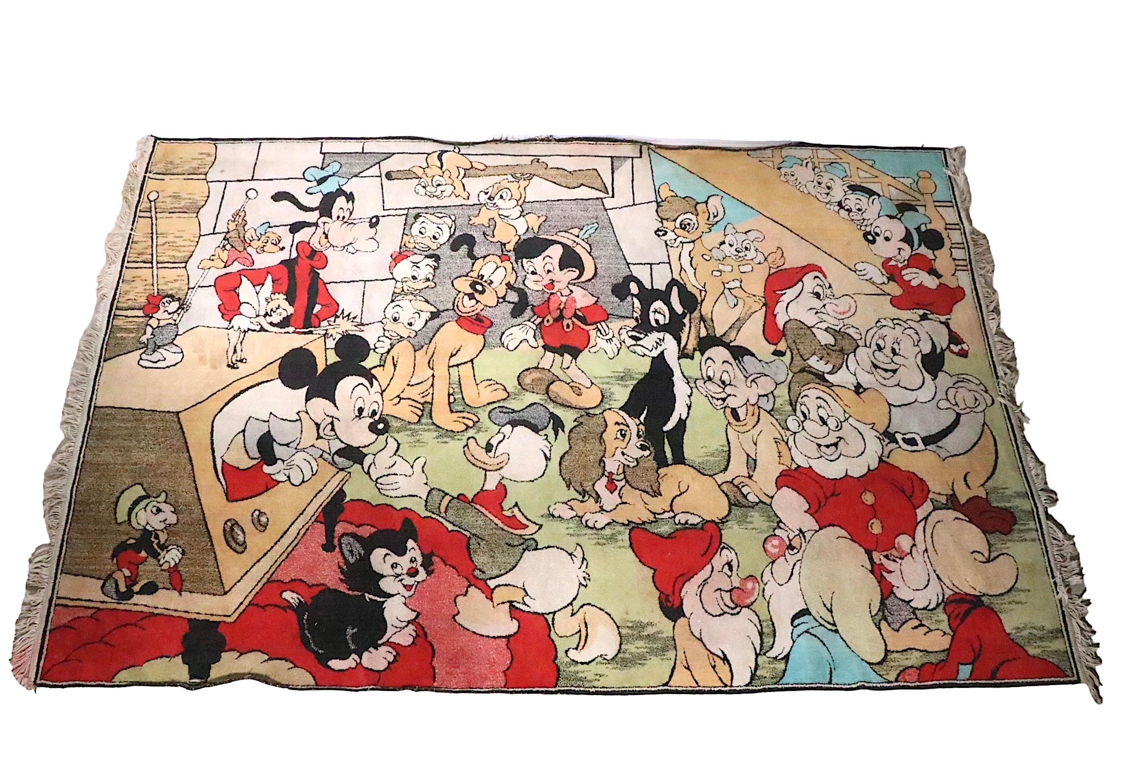 Mid-20th Century Vintage Disney Character Play Pen Rug c 1960's Mickey Mouse Donald Duck etc. For Sale