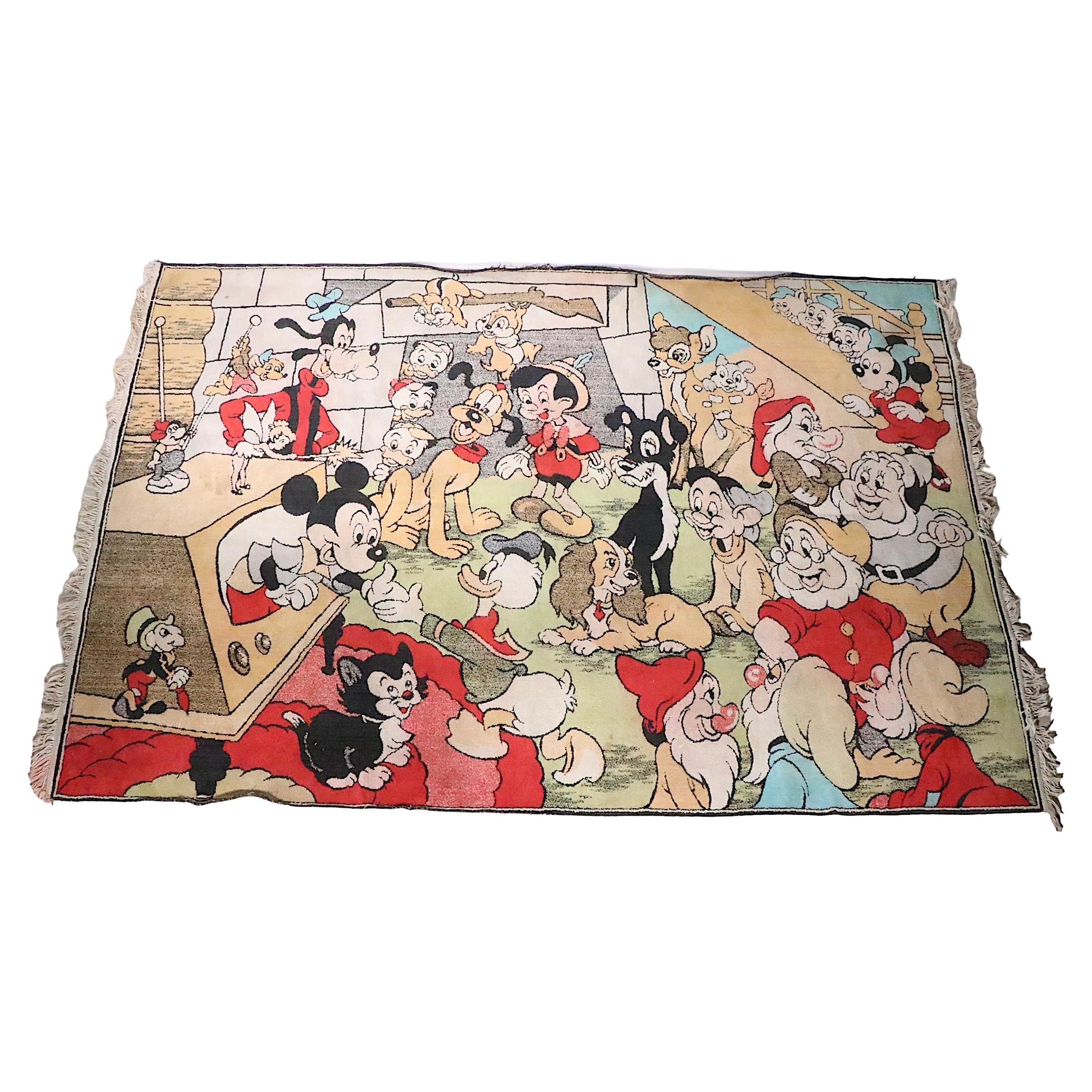 Vintage Disney Character Play Pen Rug c 1960's Mickey Mouse Donald Duck etc.