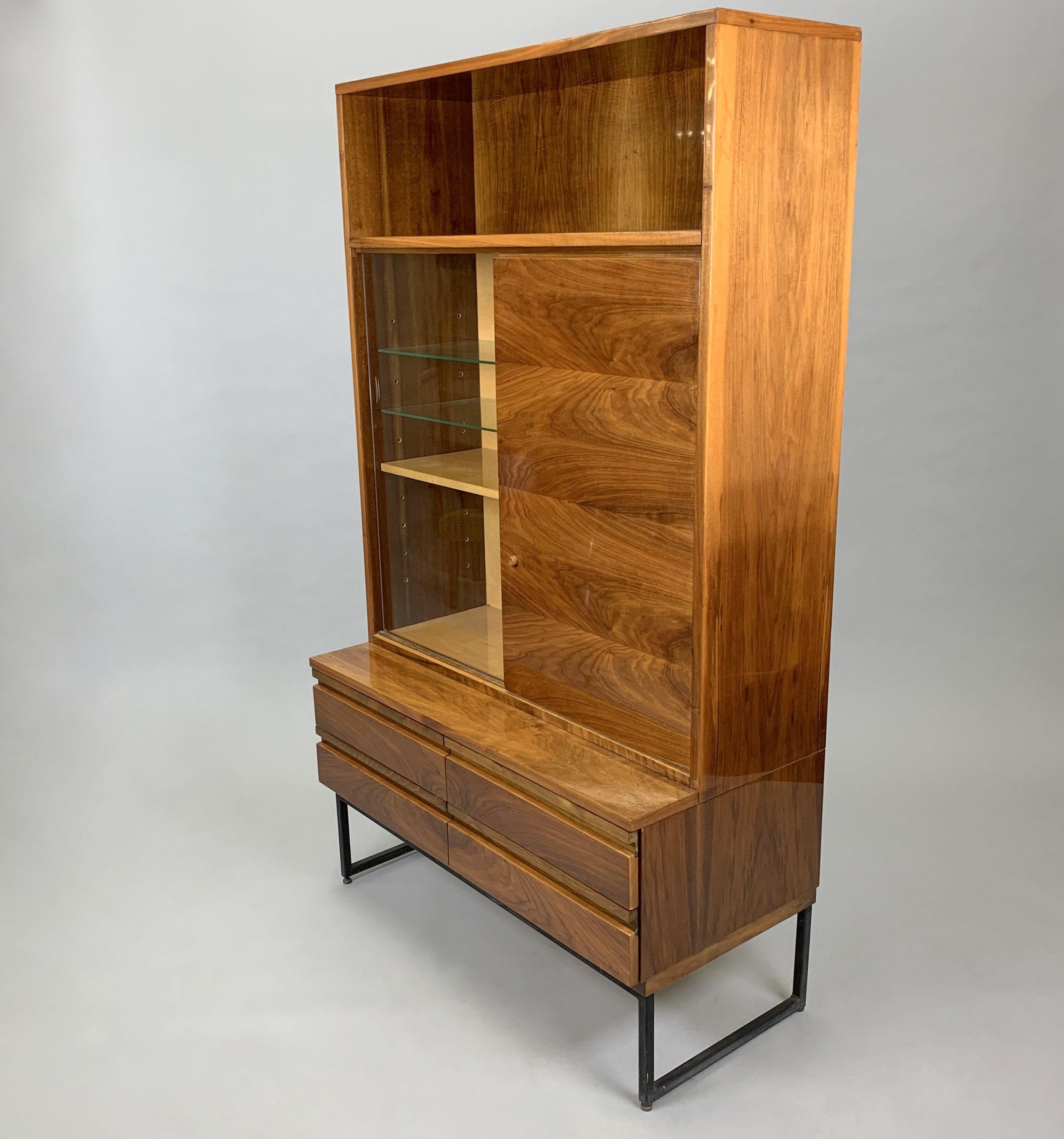 Vintage display cabinet with shelves and drawers from 'Belmondo' collection made in high gloss. Made in Czechoslovakia by Novy Domov (marked) in the 1970s. Good original condition.