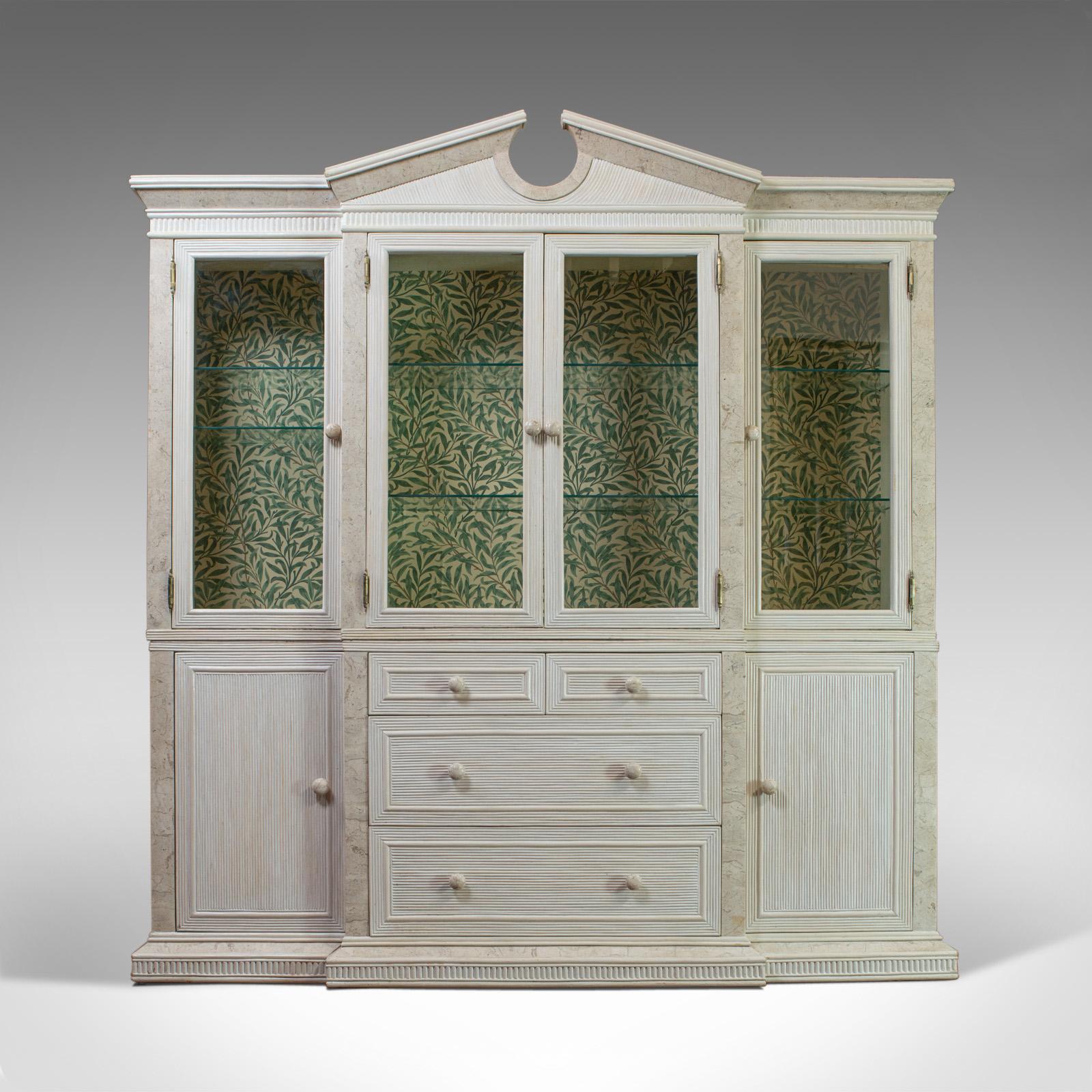 Classical Roman Vintage Display Cabinet, English, Beech, Travertine, Breakfront, Classical