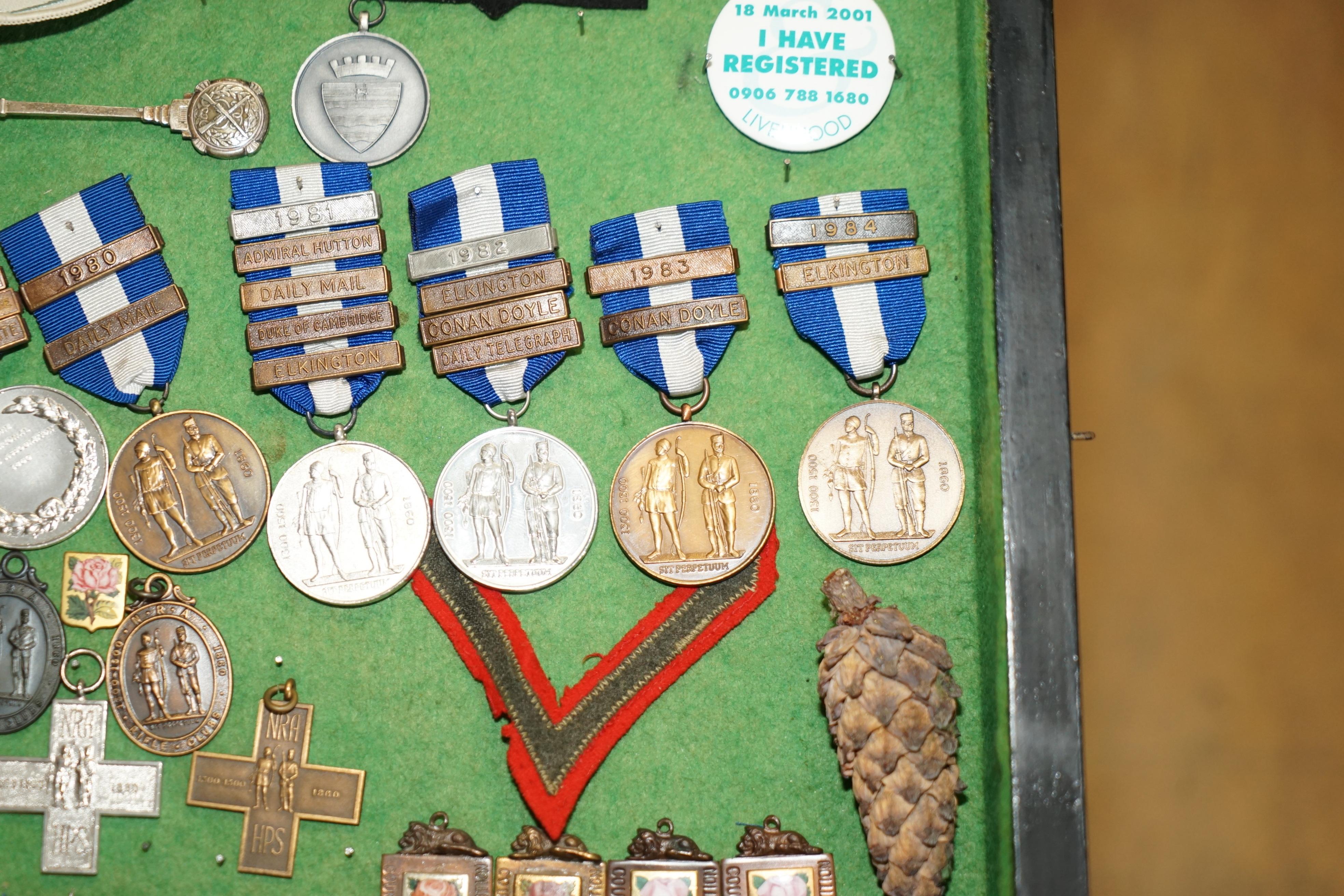 VINTAGE DISPLAY CASE FULL OF SHOOTiNG SNIPER MEDALS AND AWARDS MUST SEE PIECE For Sale 1