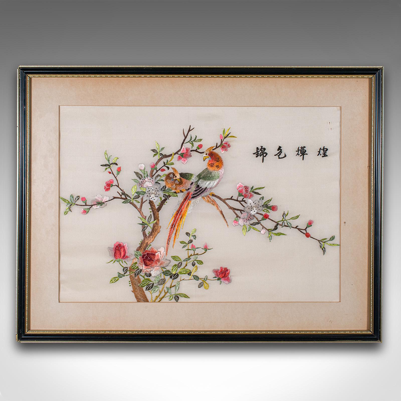 
This is a vintage display panel. A Korean, silk cotton embroidery decorative scene, dating to the Art Deco period, circa 1930.

Gaze upon a calming, tasteful example of Korean Art Deco
Displays a desirable aged patina throughout
Silk cotton gently