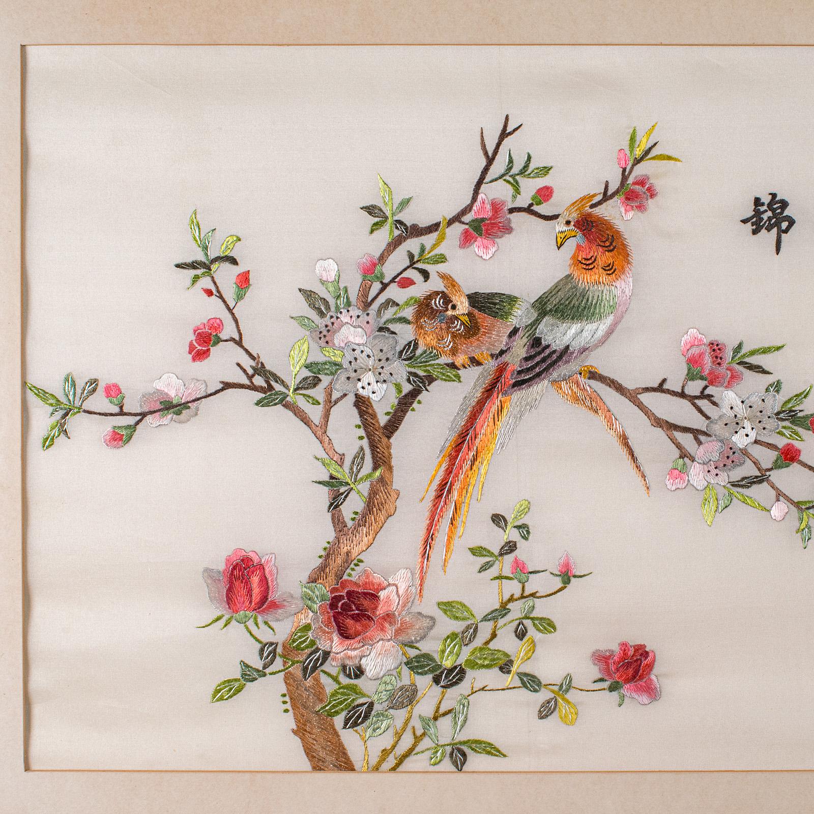 20th Century Vintage Display Panel, Korean, Silk Cotton Embroidery, Oriental, Art Deco, 1930 For Sale