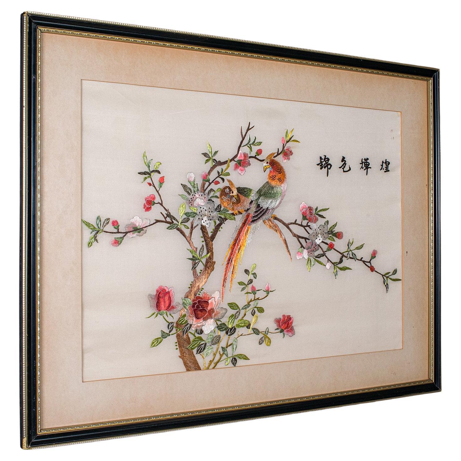 Vintage Display Panel, Korean, Silk Cotton Embroidery, Oriental, Art Deco, 1930