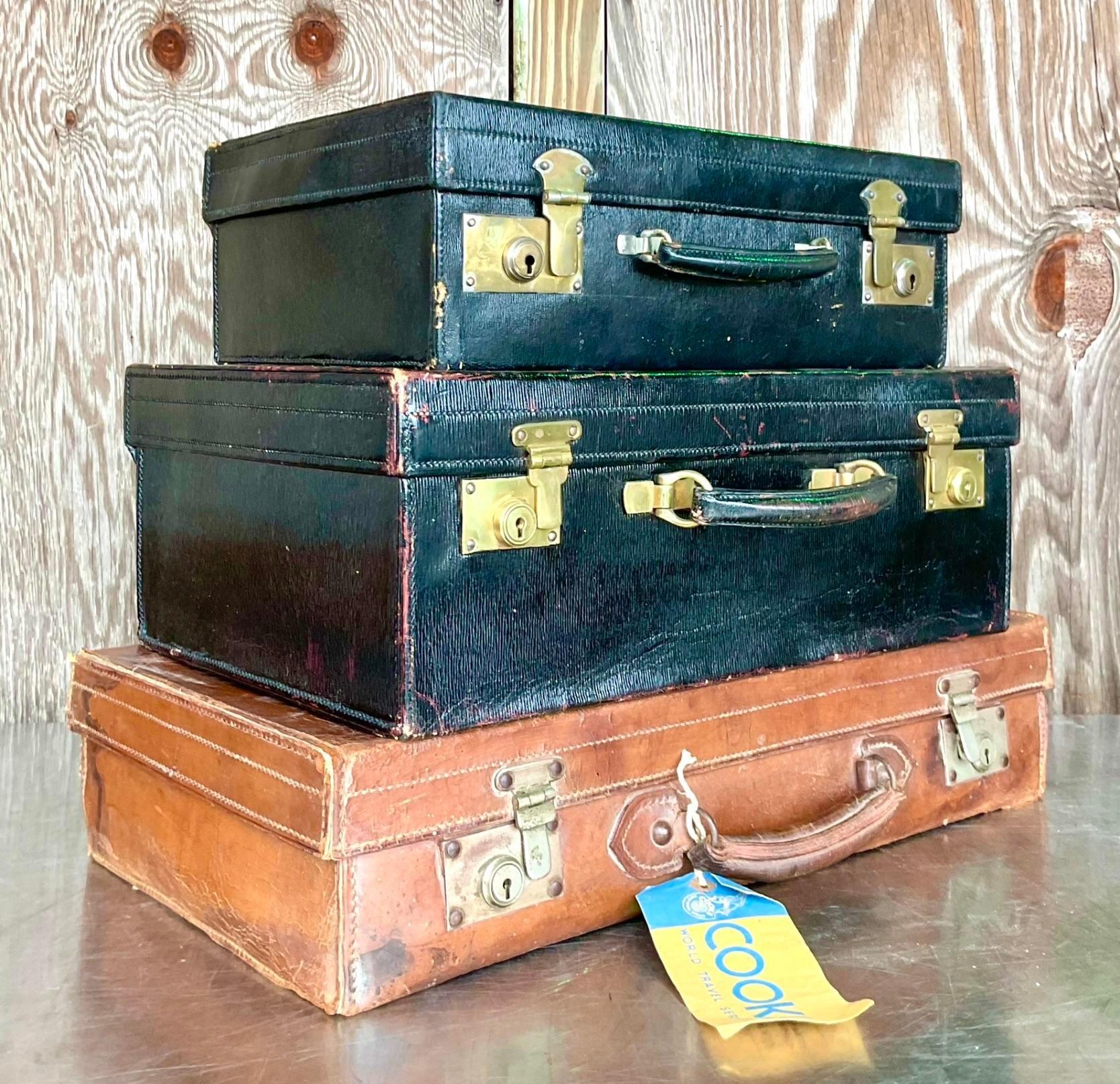 Vintage Display Stack of Antique Leather Suitcases - Set of 3 In Good Condition For Sale In west palm beach, FL