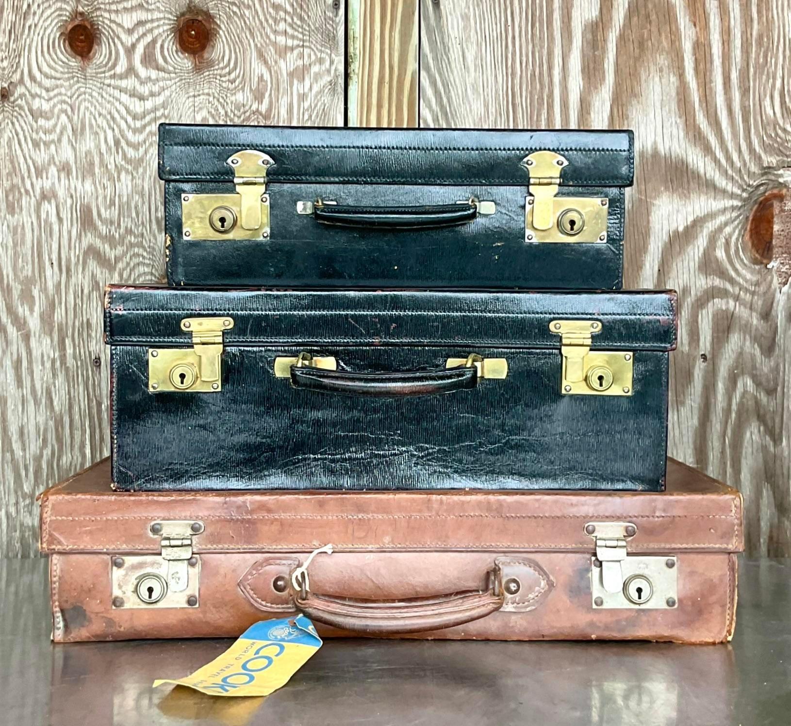 19th Century Vintage Display Stack of Antique Leather Suitcases - Set of 3 For Sale
