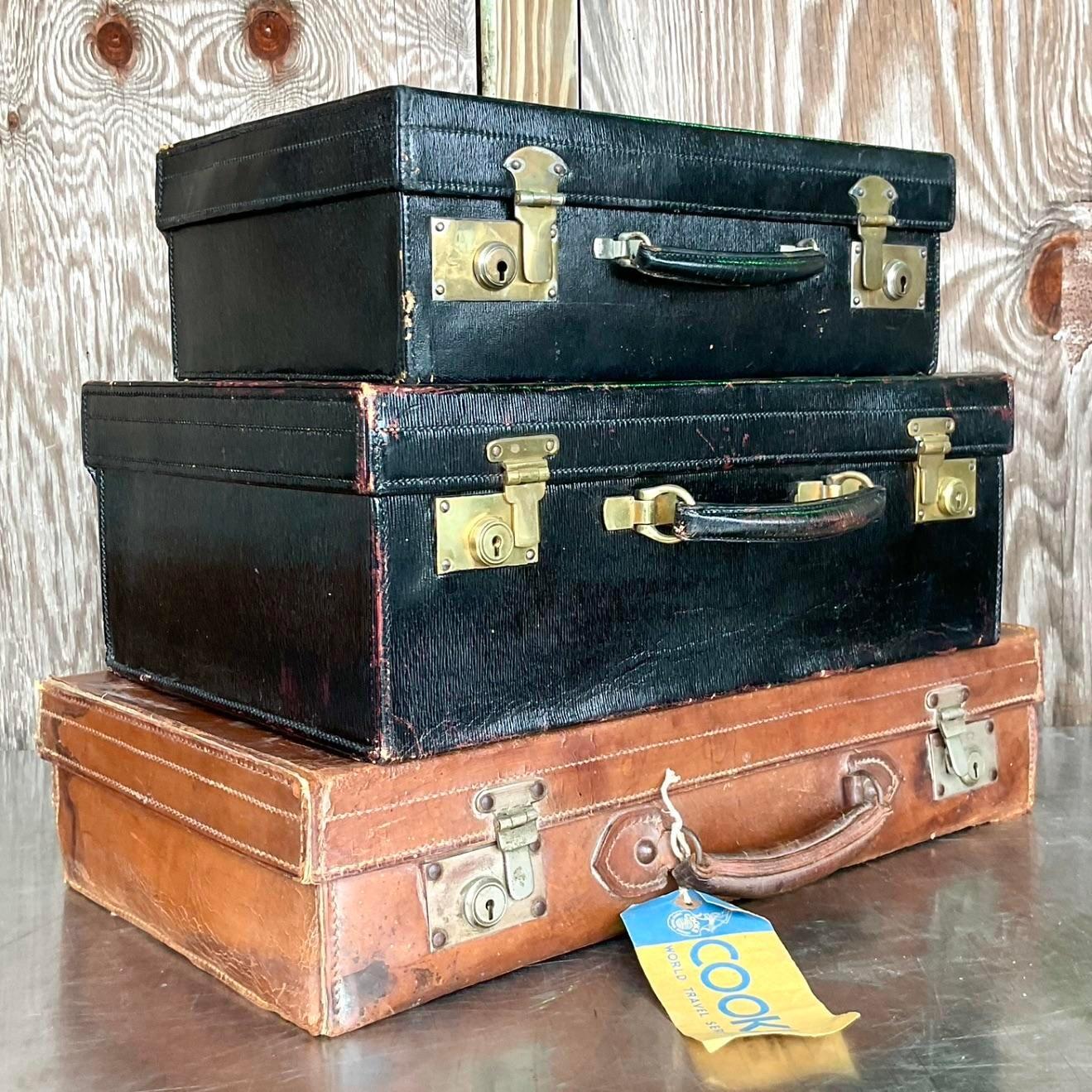 Metal Vintage Display Stack of Antique Leather Suitcases - Set of 3 For Sale