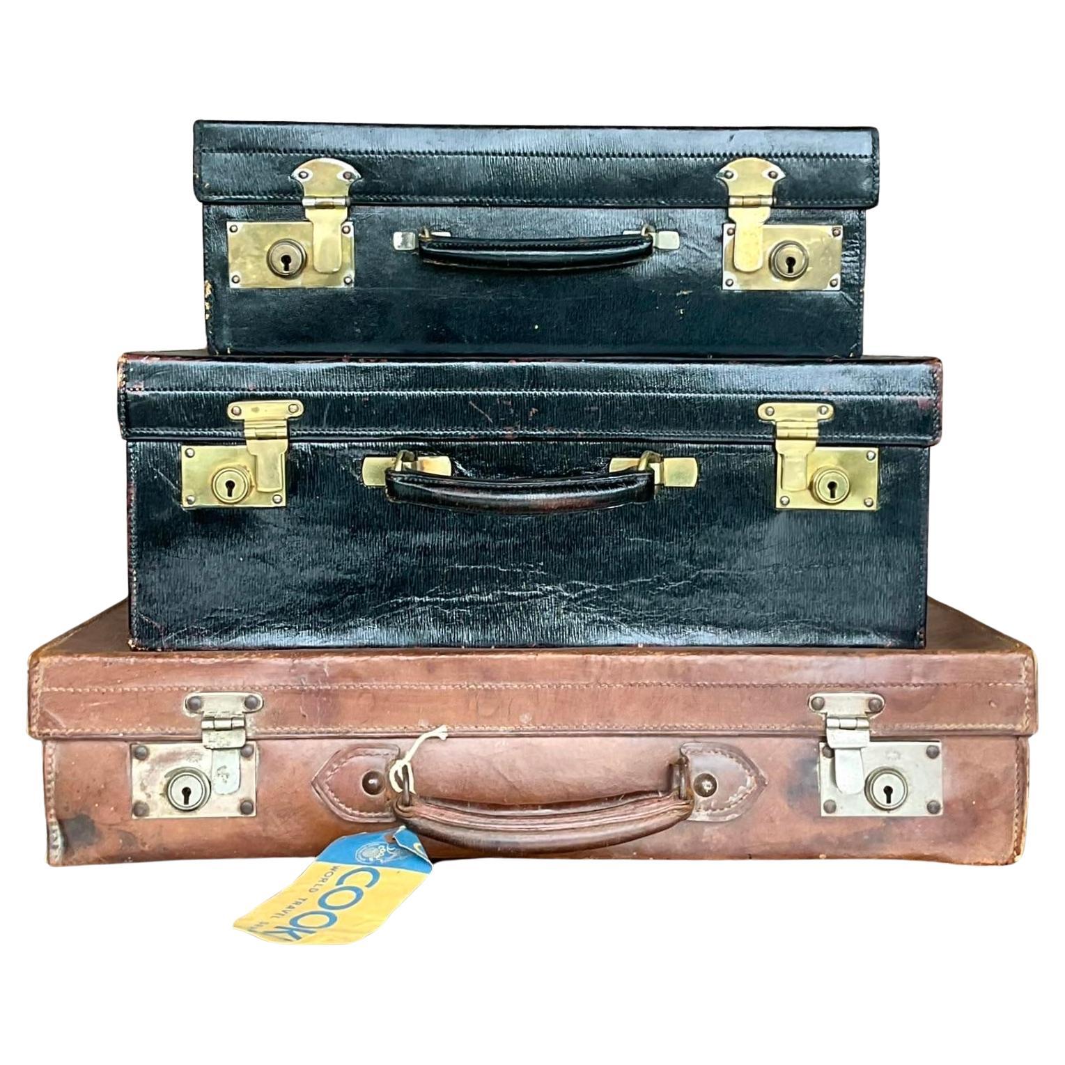 Vintage Display Stack of Antique Leather Suitcases - Set of 3