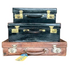 Antique Display Stack of Antique Leather Suitcases - Set of 3