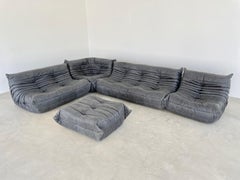 Vintage Distressed Black Leather Togo Set by Ligne Roset