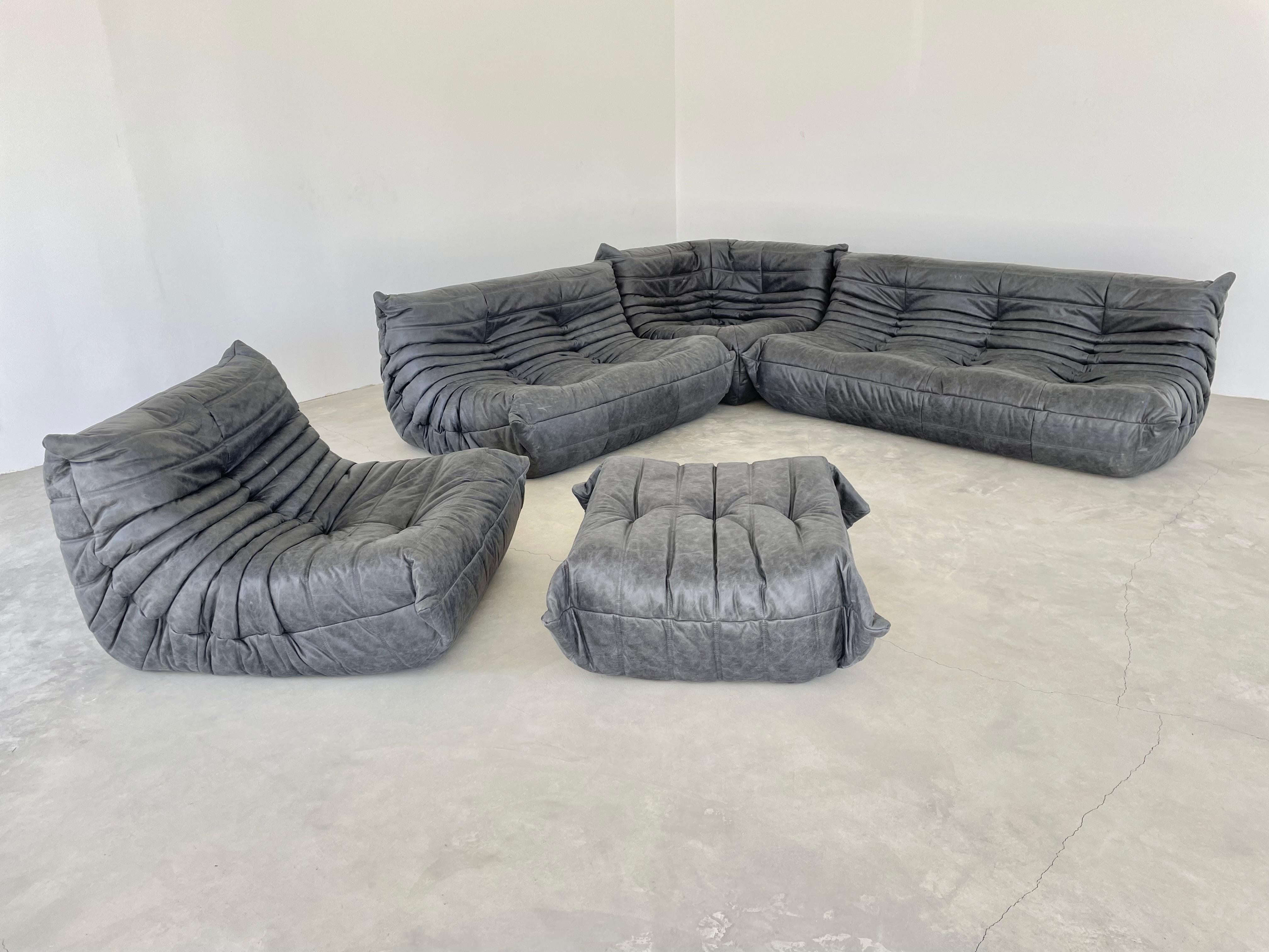 Mid-Century Modern Vintage Distressed Black Leather Togo Set by Ligne Roset