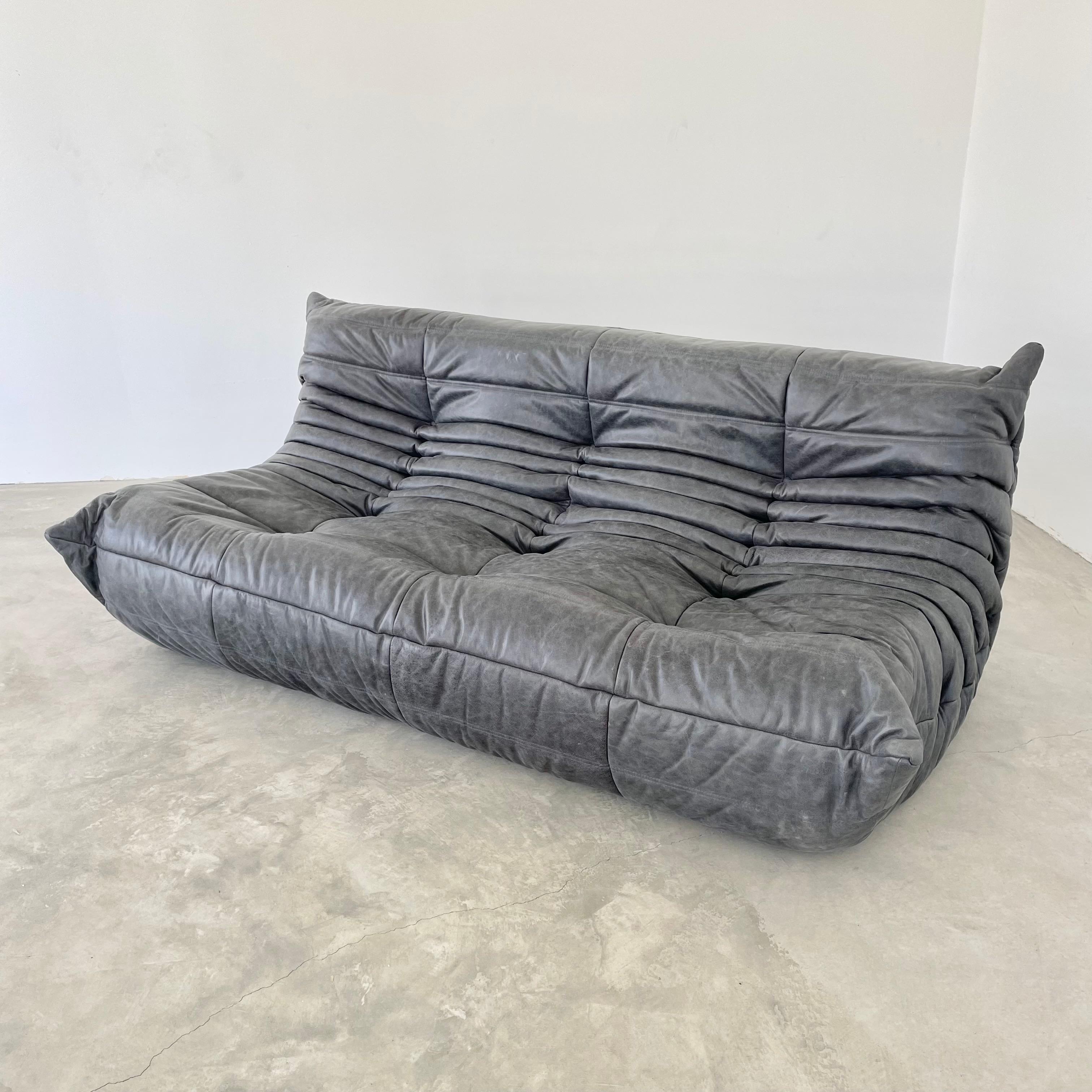 French Vintage Distressed Black Leather Togo Set by Ligne Roset