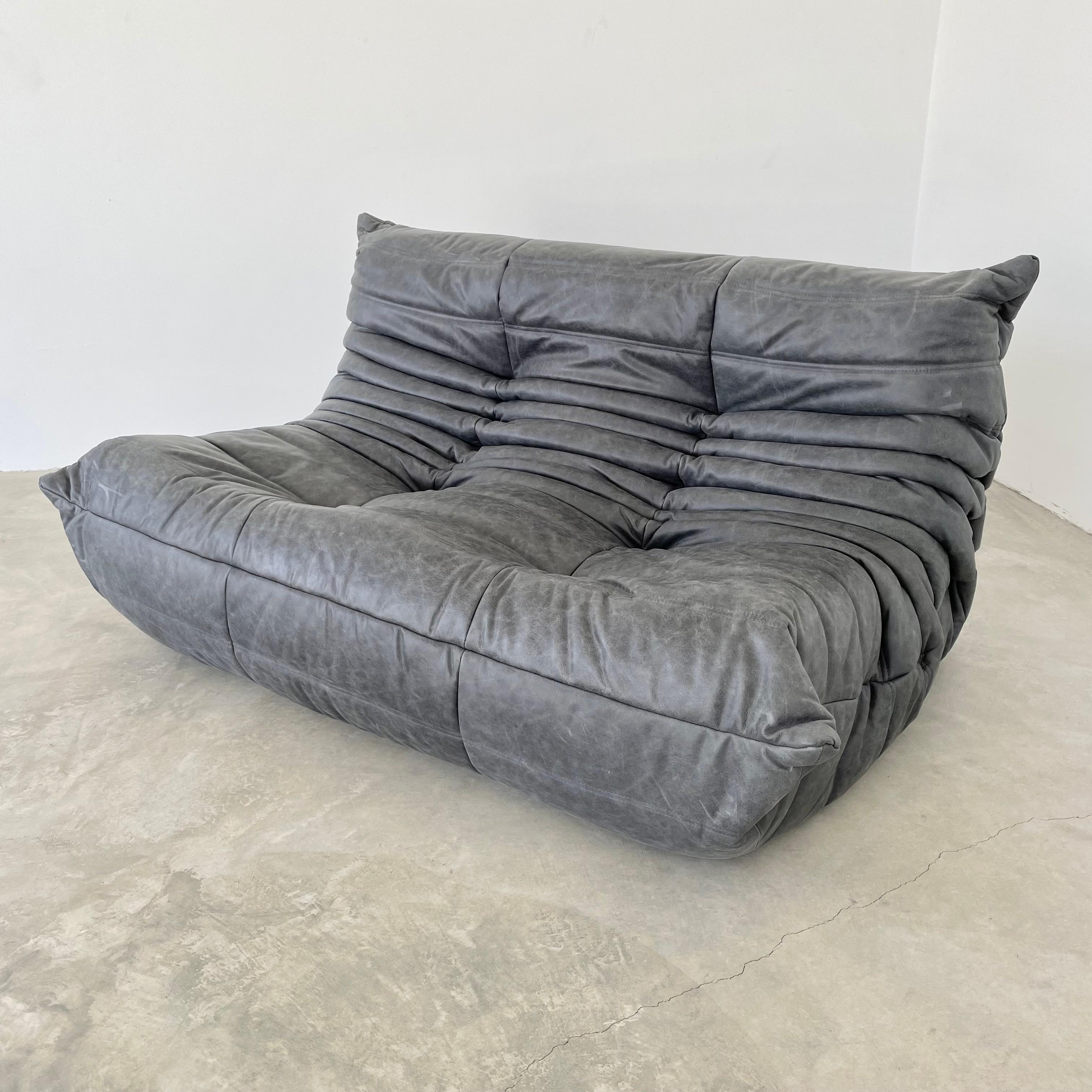 20th Century Vintage Distressed Black Leather Togo Set by Ligne Roset