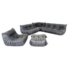 Togo-Set aus schwarzem Leder im Used-Look von Ligne Roset, Vintage