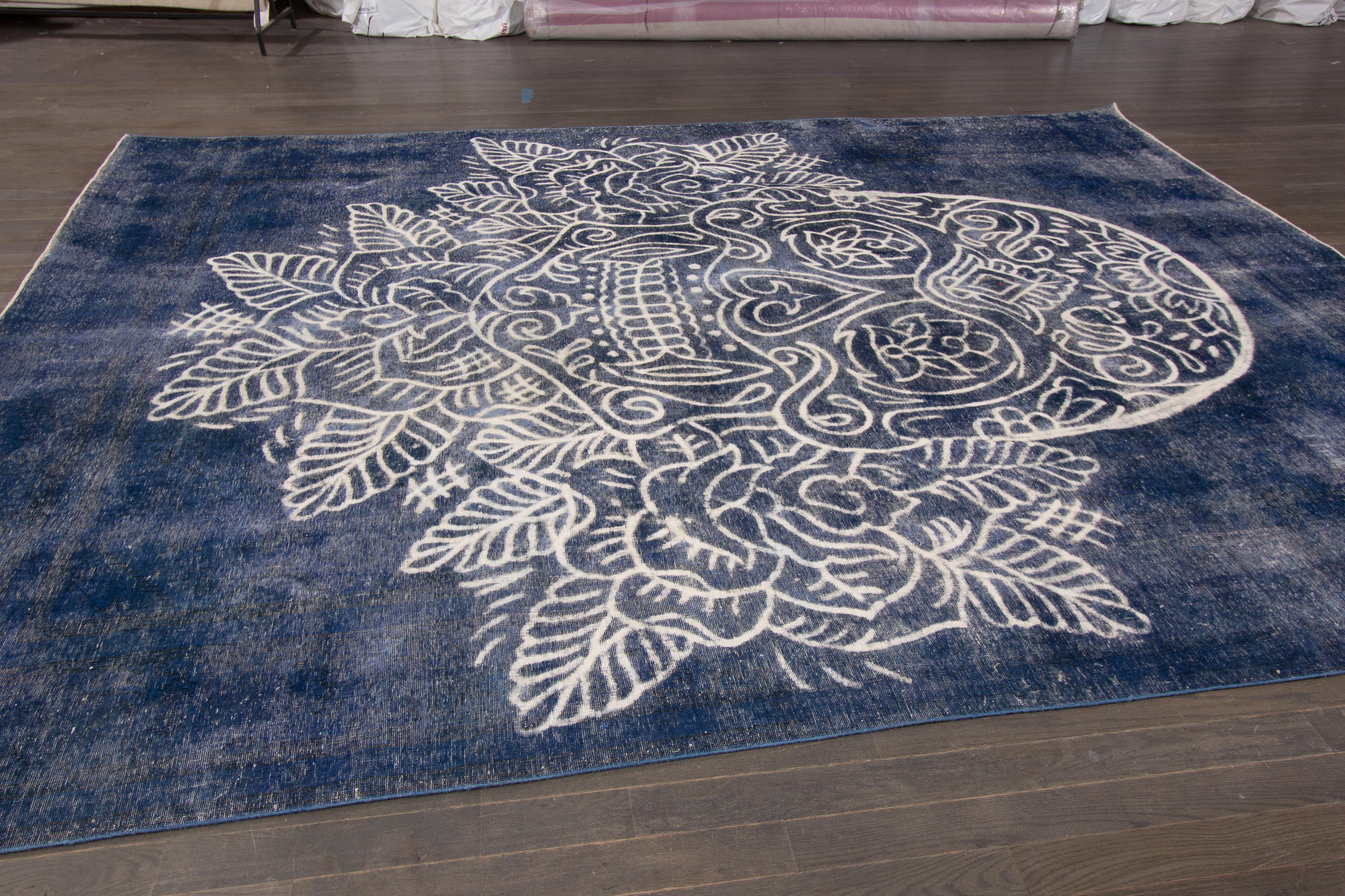 Hand-Knotted Vintage Distressed Blue Overdyed Rug