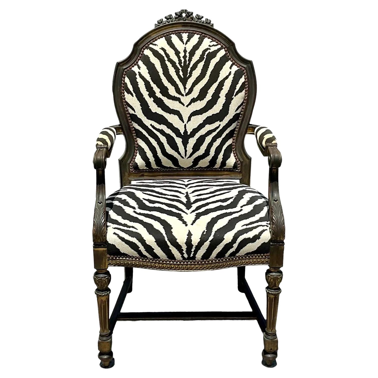 Vintage Distressed Boho Zebra Boucle Medallion Bergere Chair