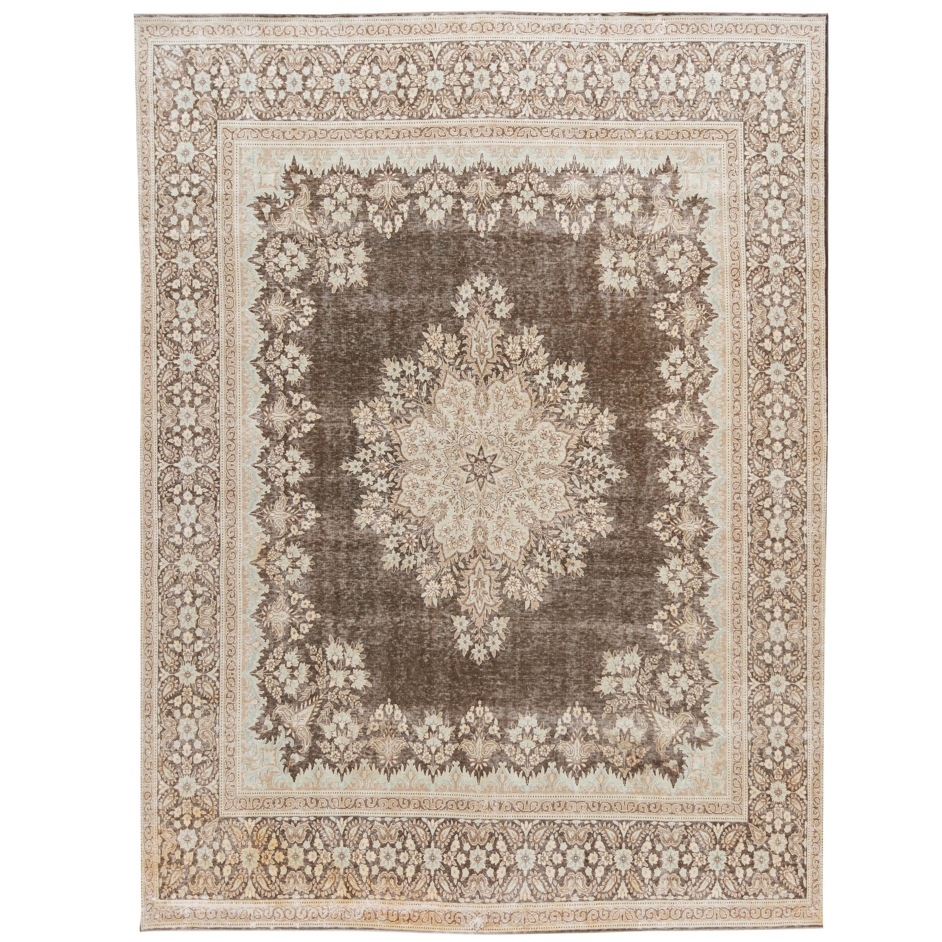 Tappeto vintage in lana marrone e blu con segni di usura