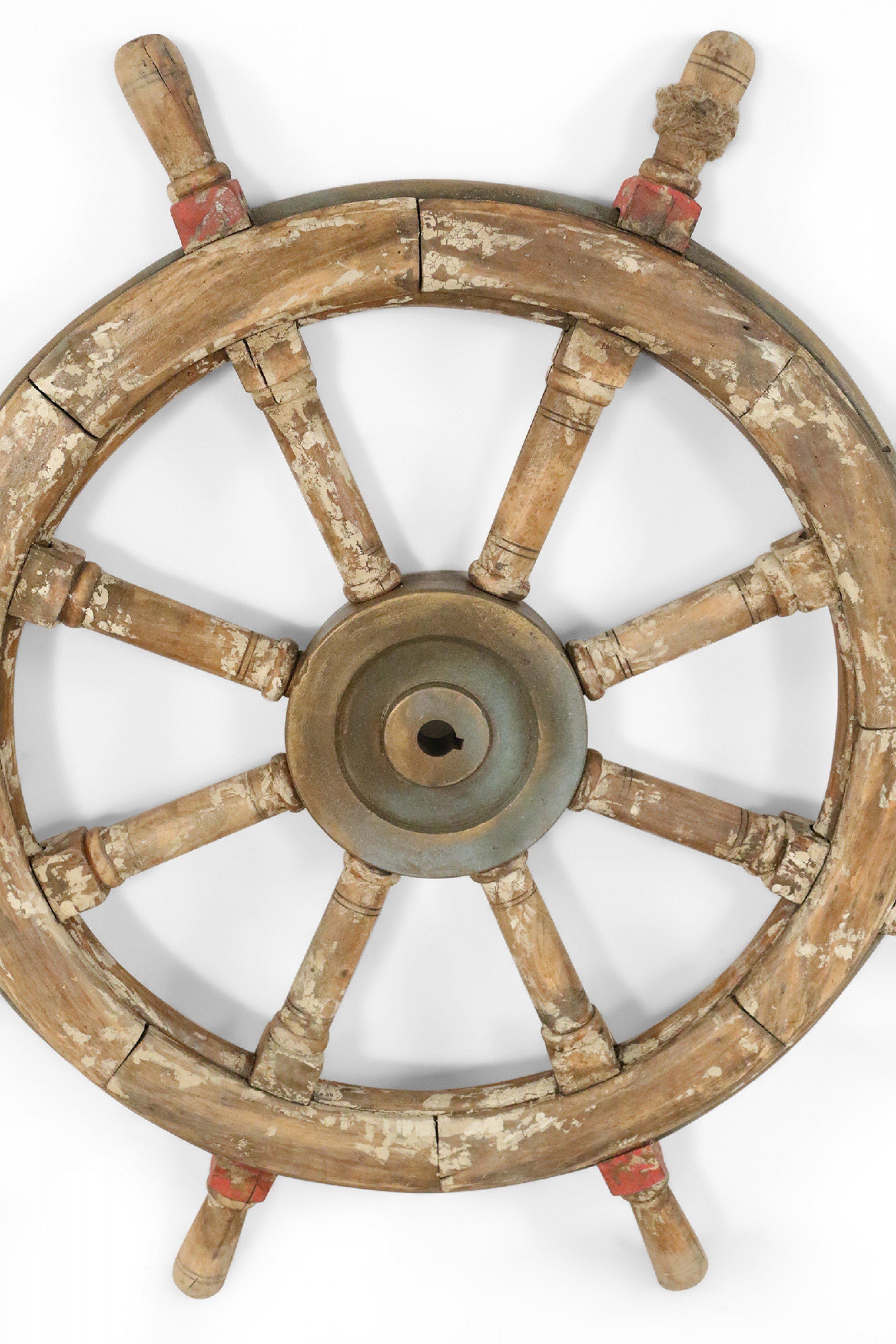 American Colonial Vintage Distressed Brown and Red Painted Ship's Wheel For Sale