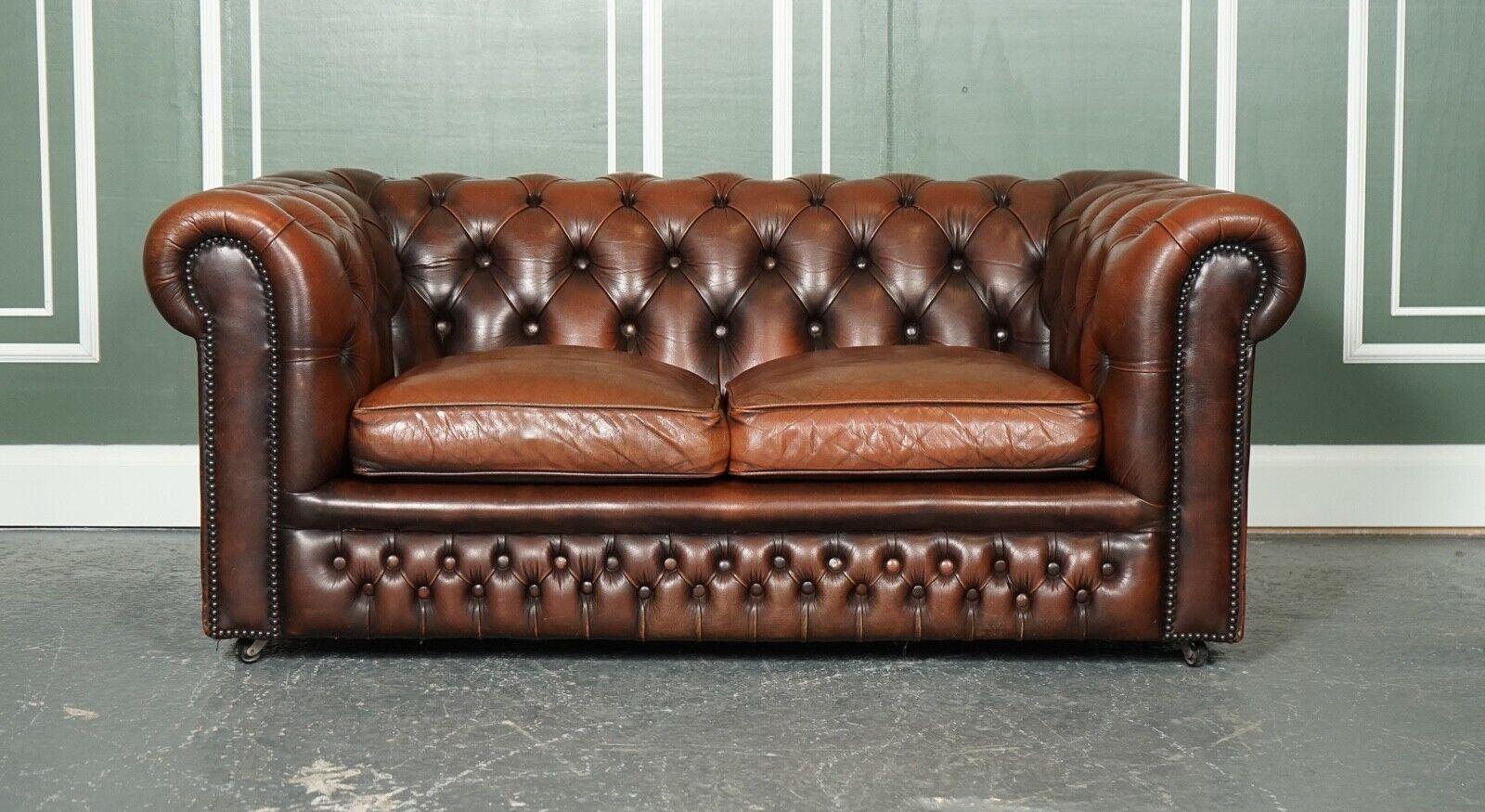 British Vintage Distressed Brown Leather Chesterfield Gentleman Club Sofa