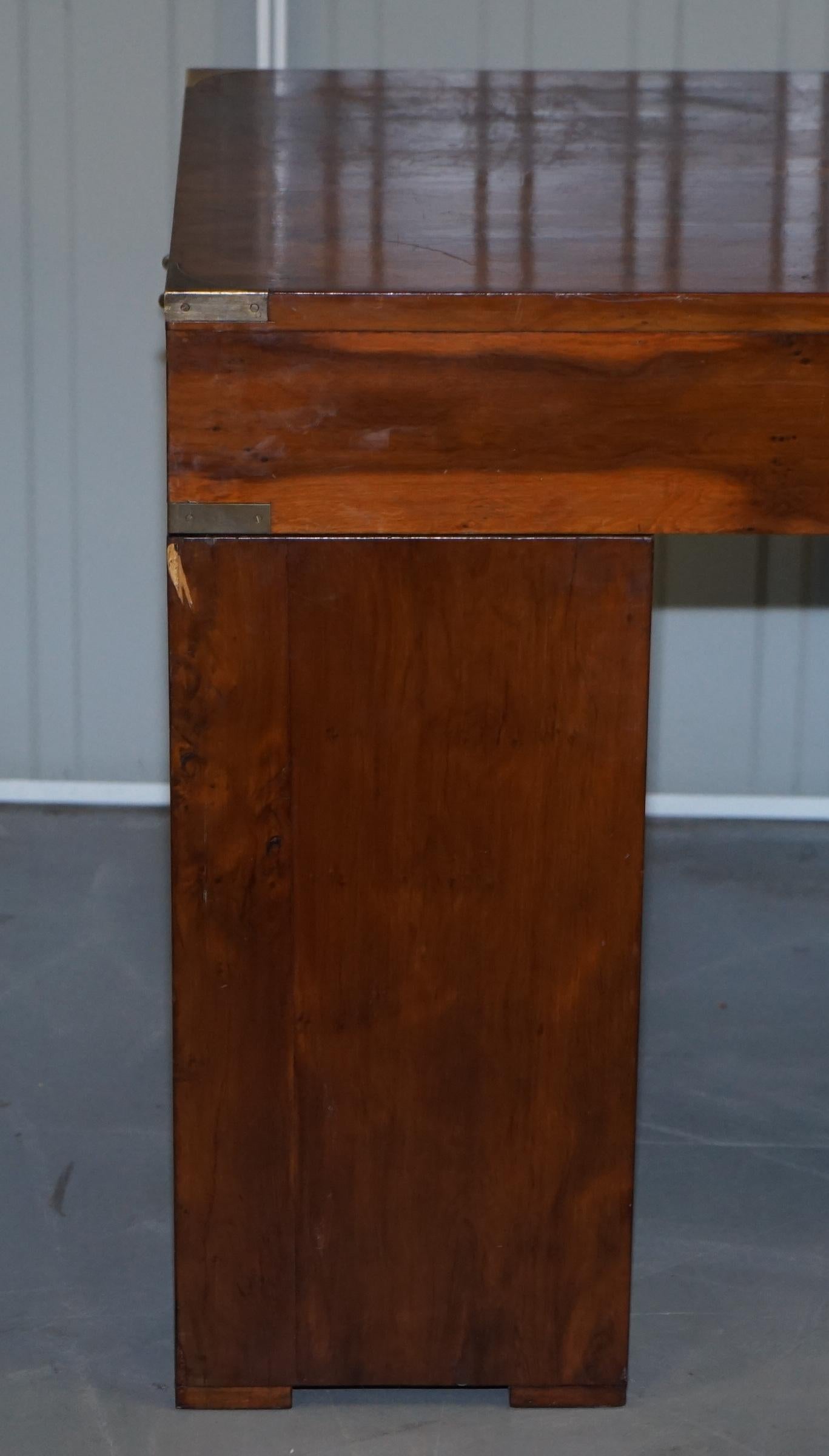 Vintage Distressed Burr Yew Wood Military Campaign Twin Pedestal Partners Desk For Sale 9