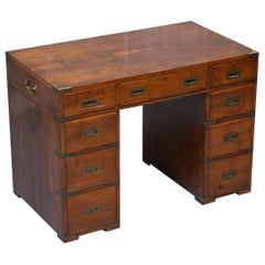 Used Distressed Burr Yew Wood Military Campaign Twin Pedestal Partners Desk