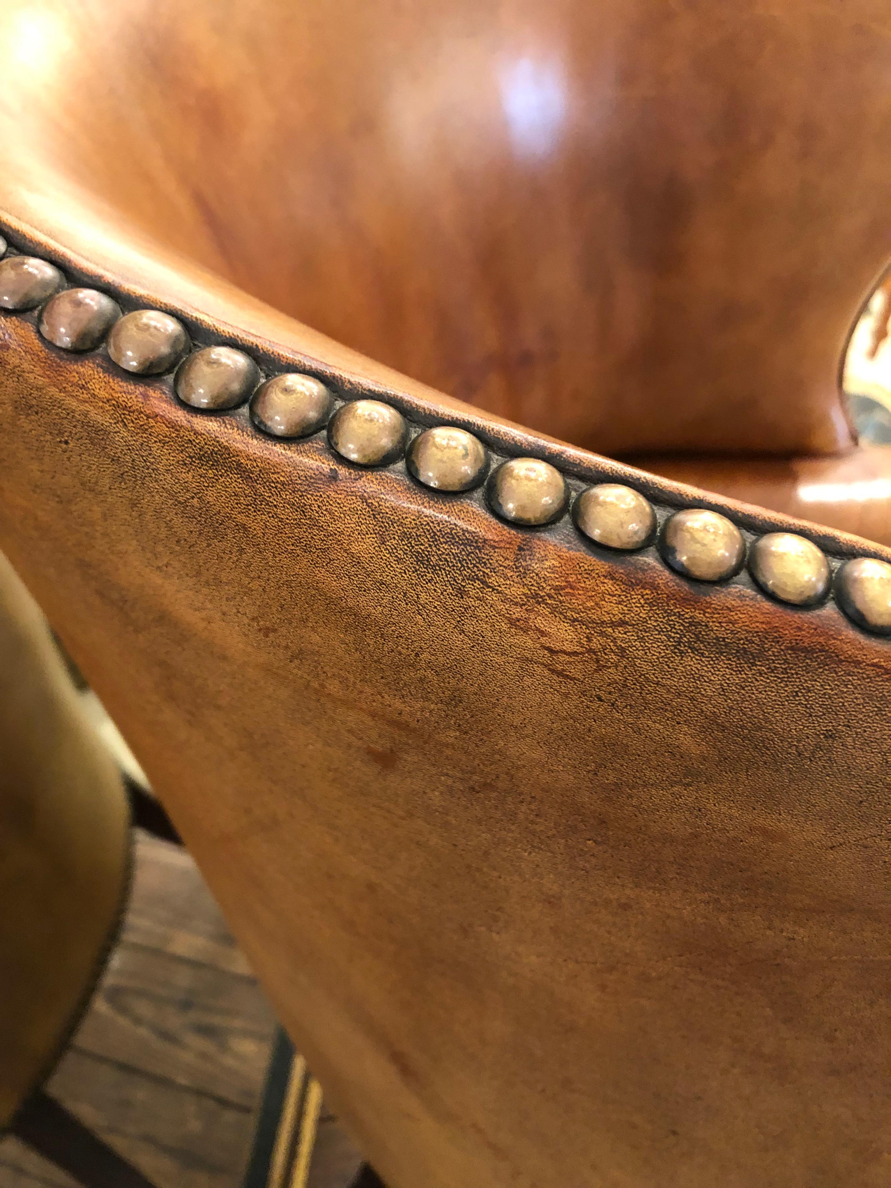 Vintage Distressed Caramel Leather Barrel Back Wing Chair 5