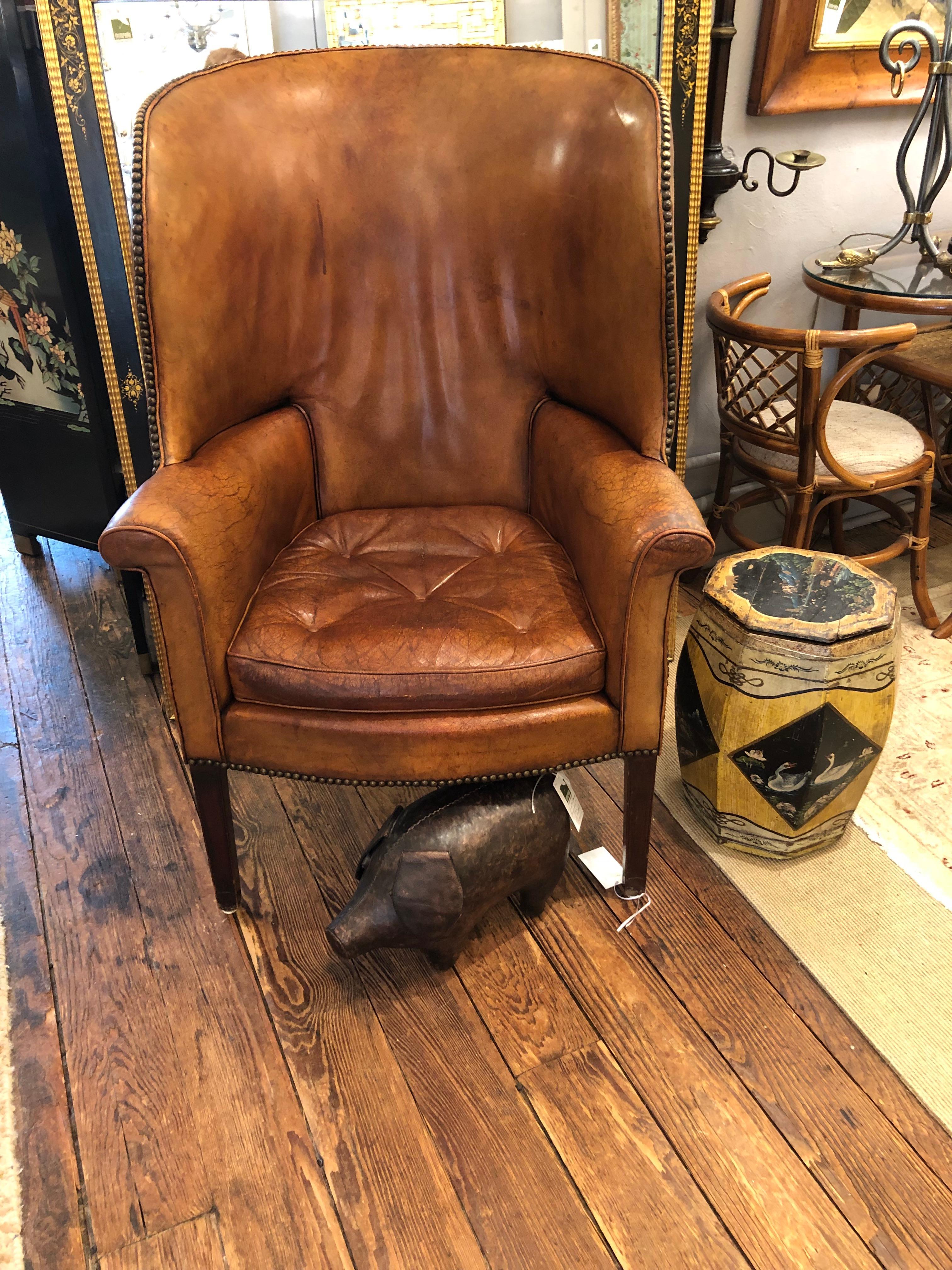 Vintage Distressed Caramel Leather Barrel Back Wing Chair 9