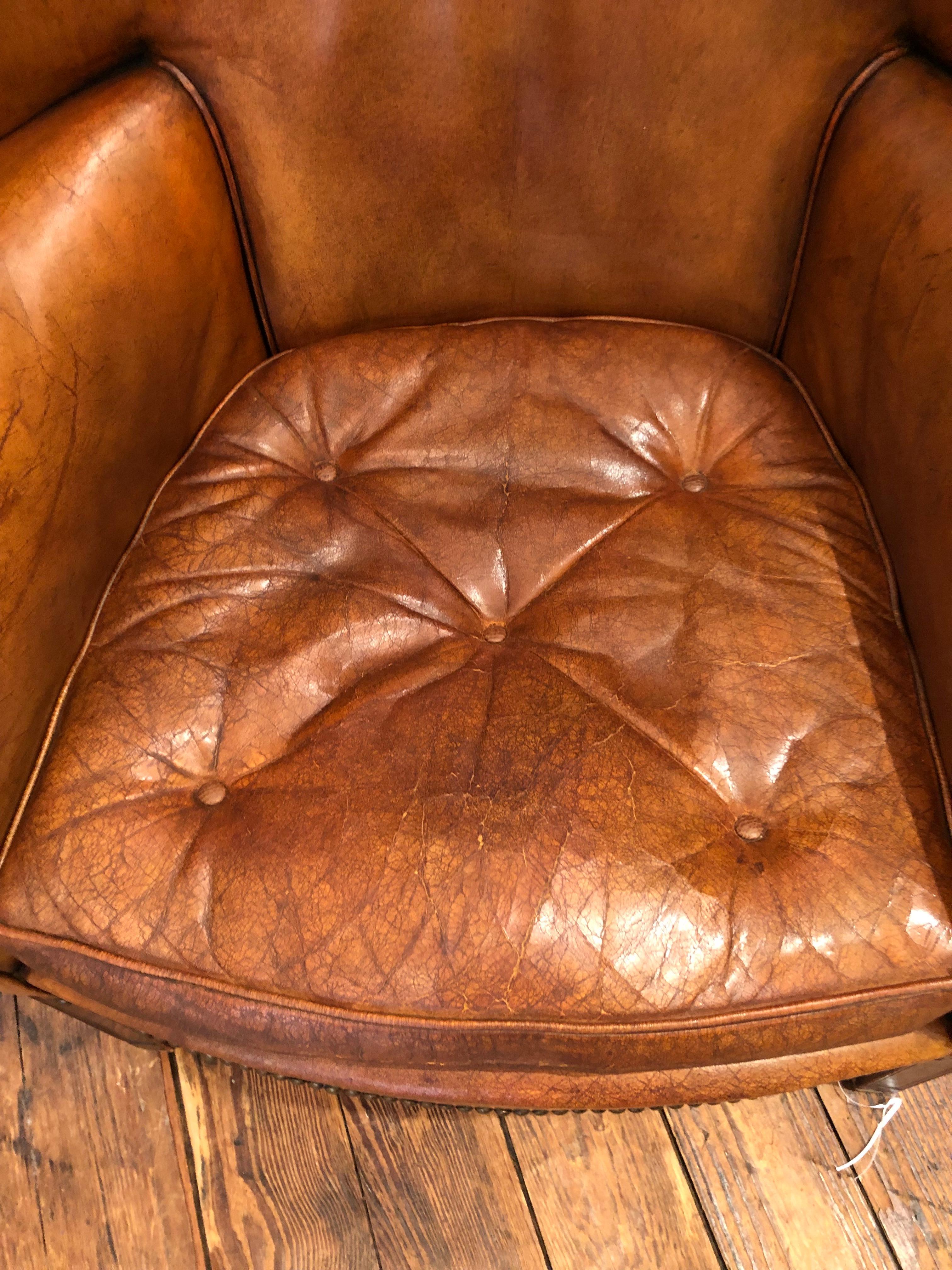 Vintage Distressed Caramel Leather Barrel Back Wing Chair 11