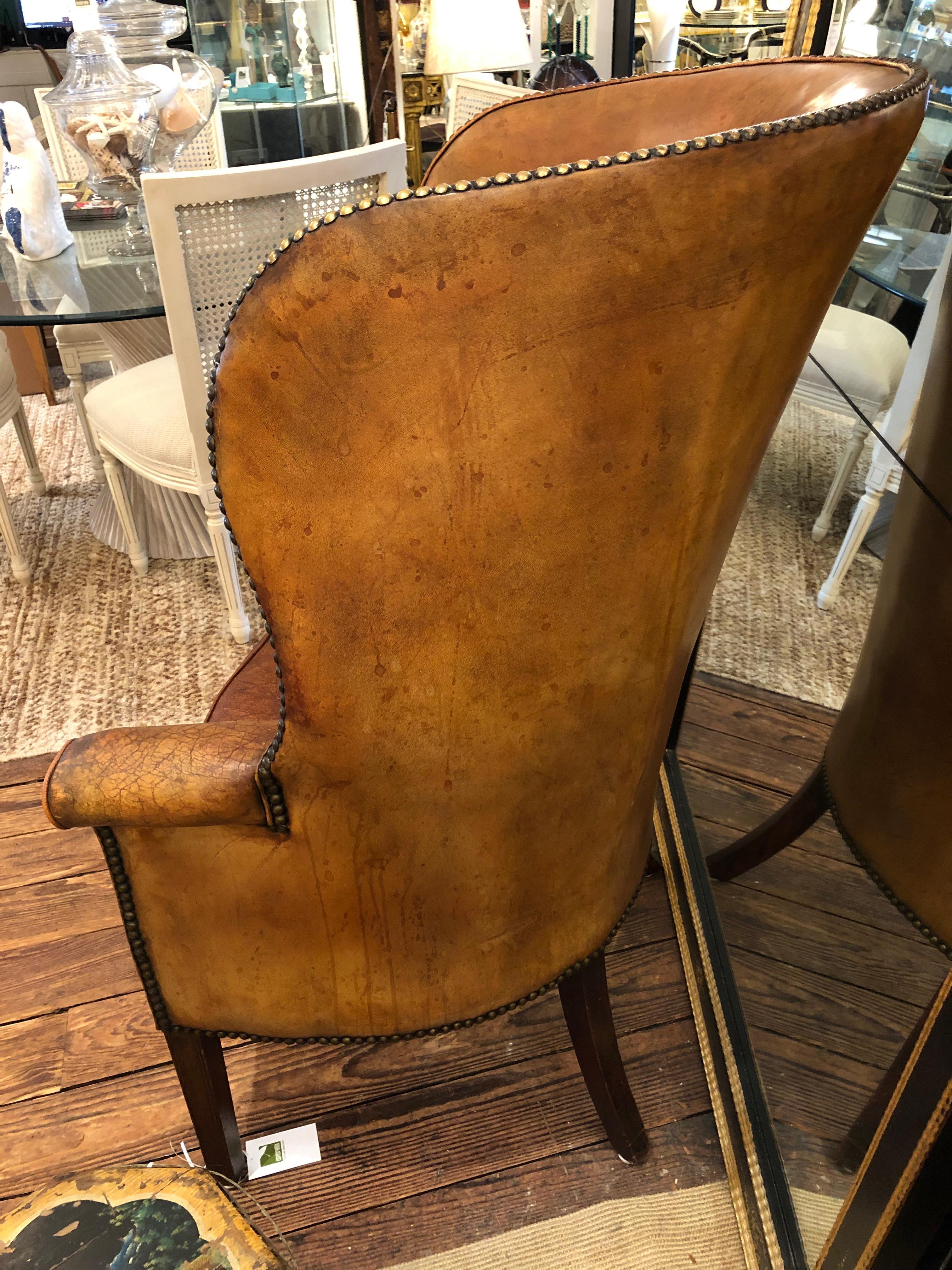 Vintage Distressed Caramel Leather Barrel Back Wing Chair 12