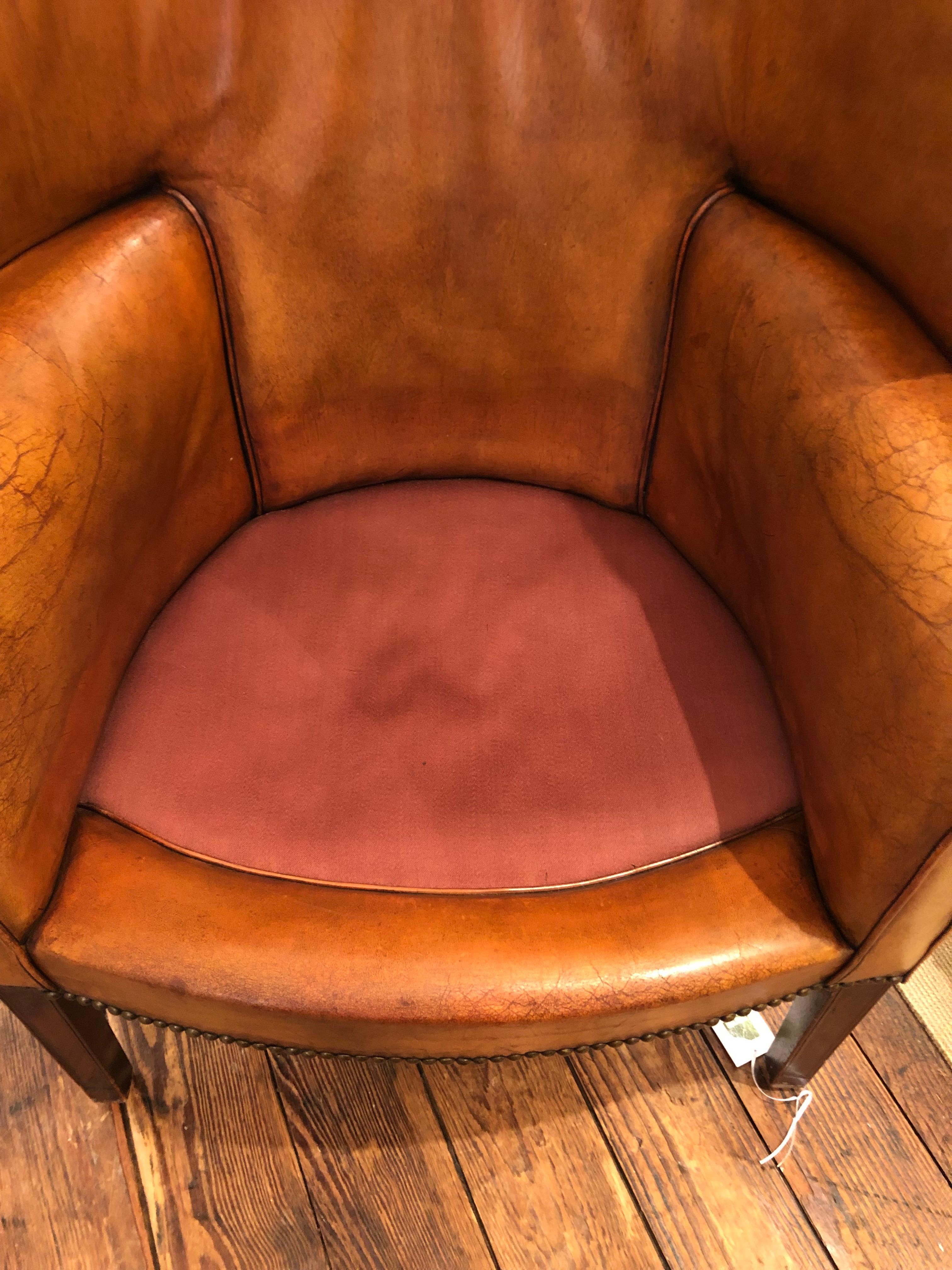 Vintage Distressed Caramel Leather Barrel Back Wing Chair 13