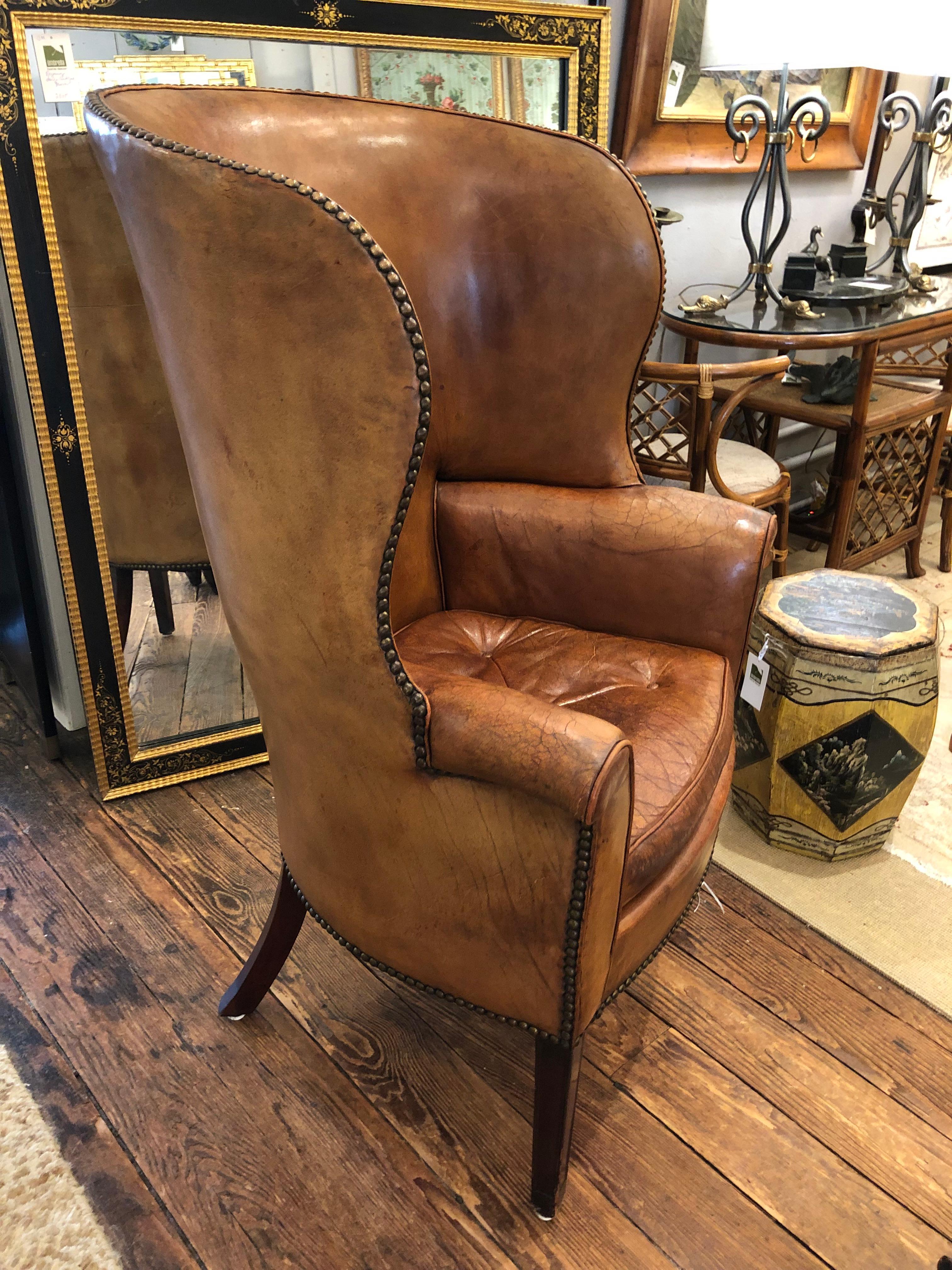 Mid-20th Century Vintage Distressed Caramel Leather Barrel Back Wing Chair