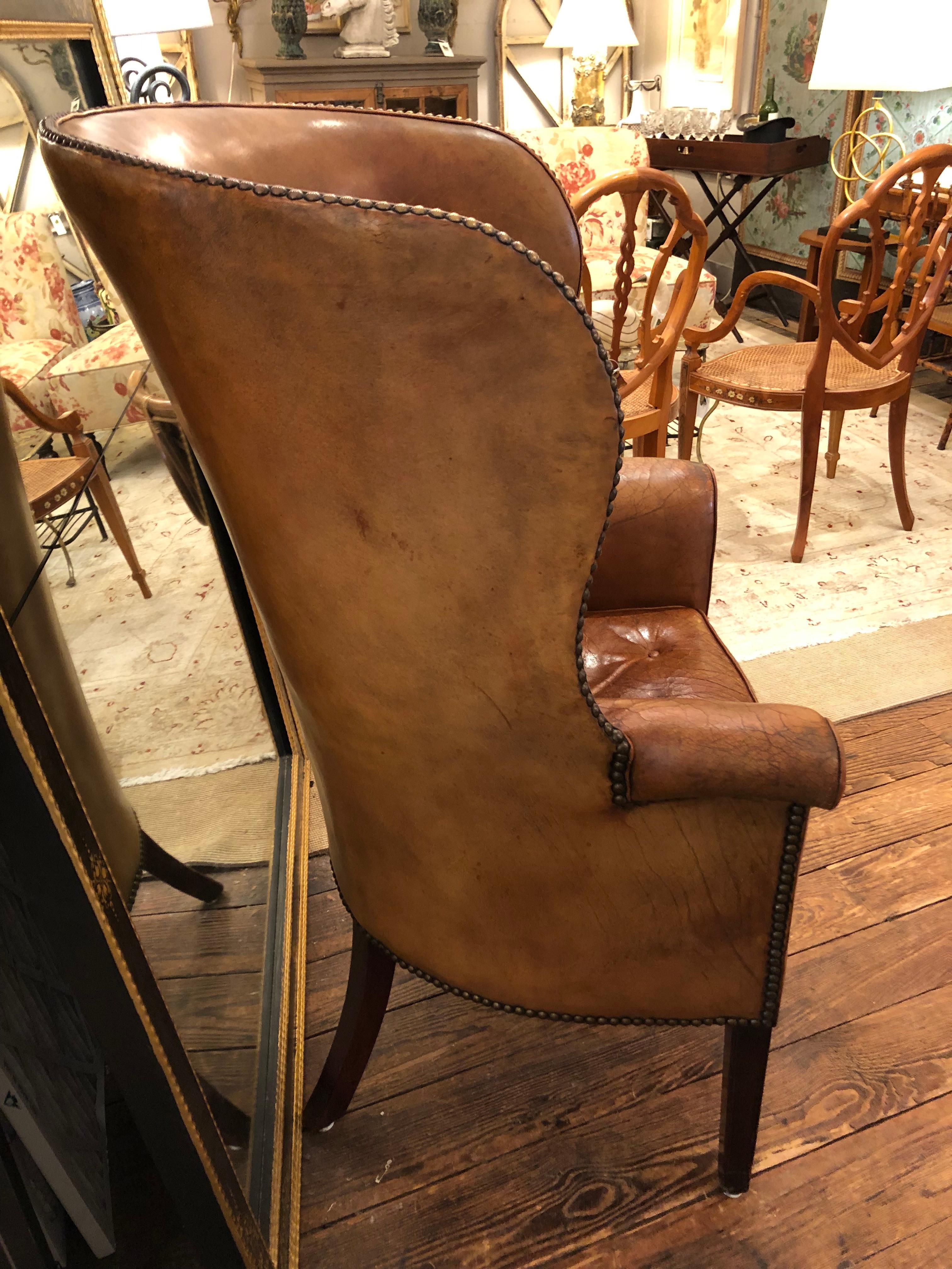 Vintage Distressed Caramel Leather Barrel Back Wing Chair 1