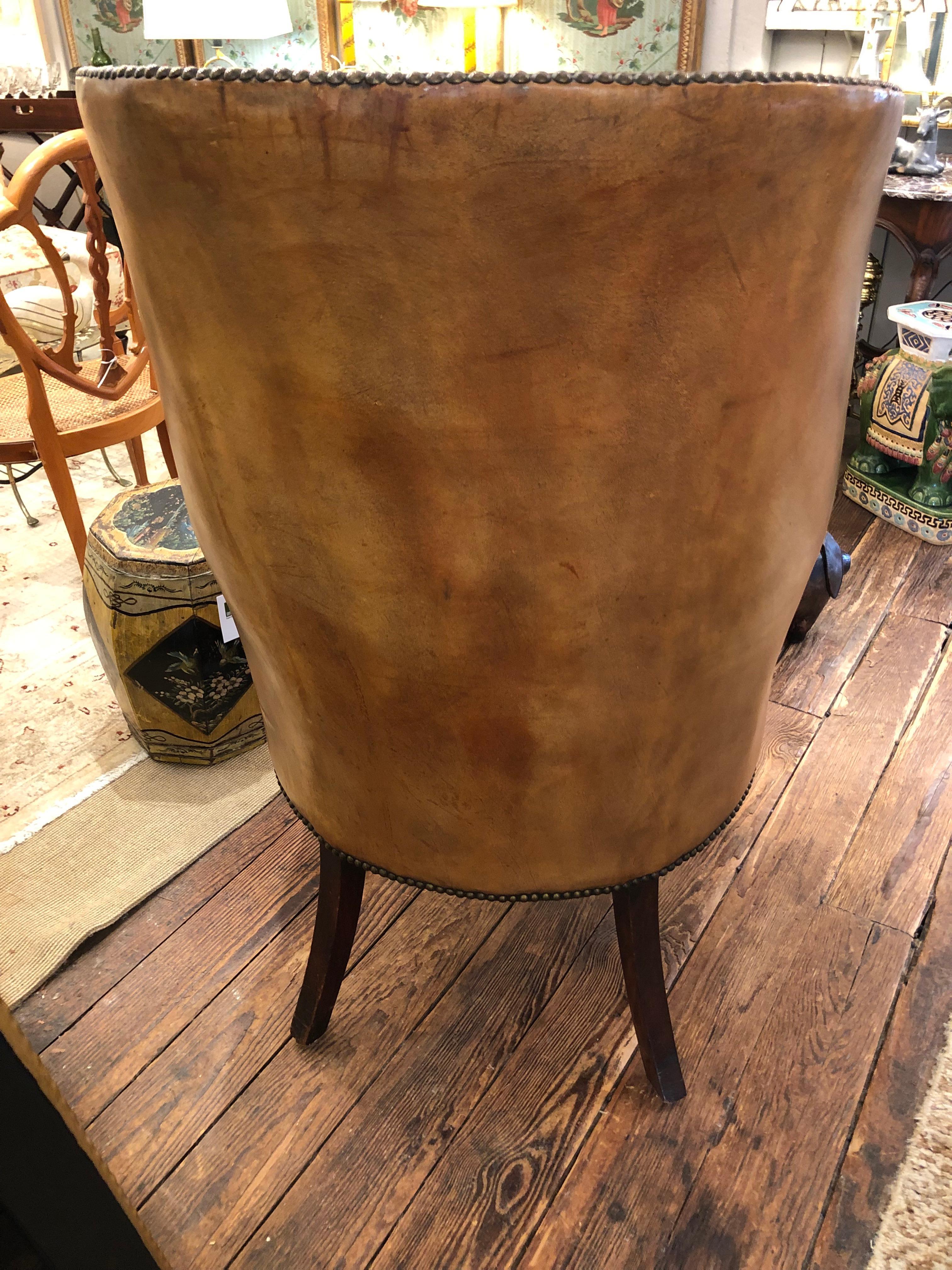 Vintage Distressed Caramel Leather Barrel Back Wing Chair 3