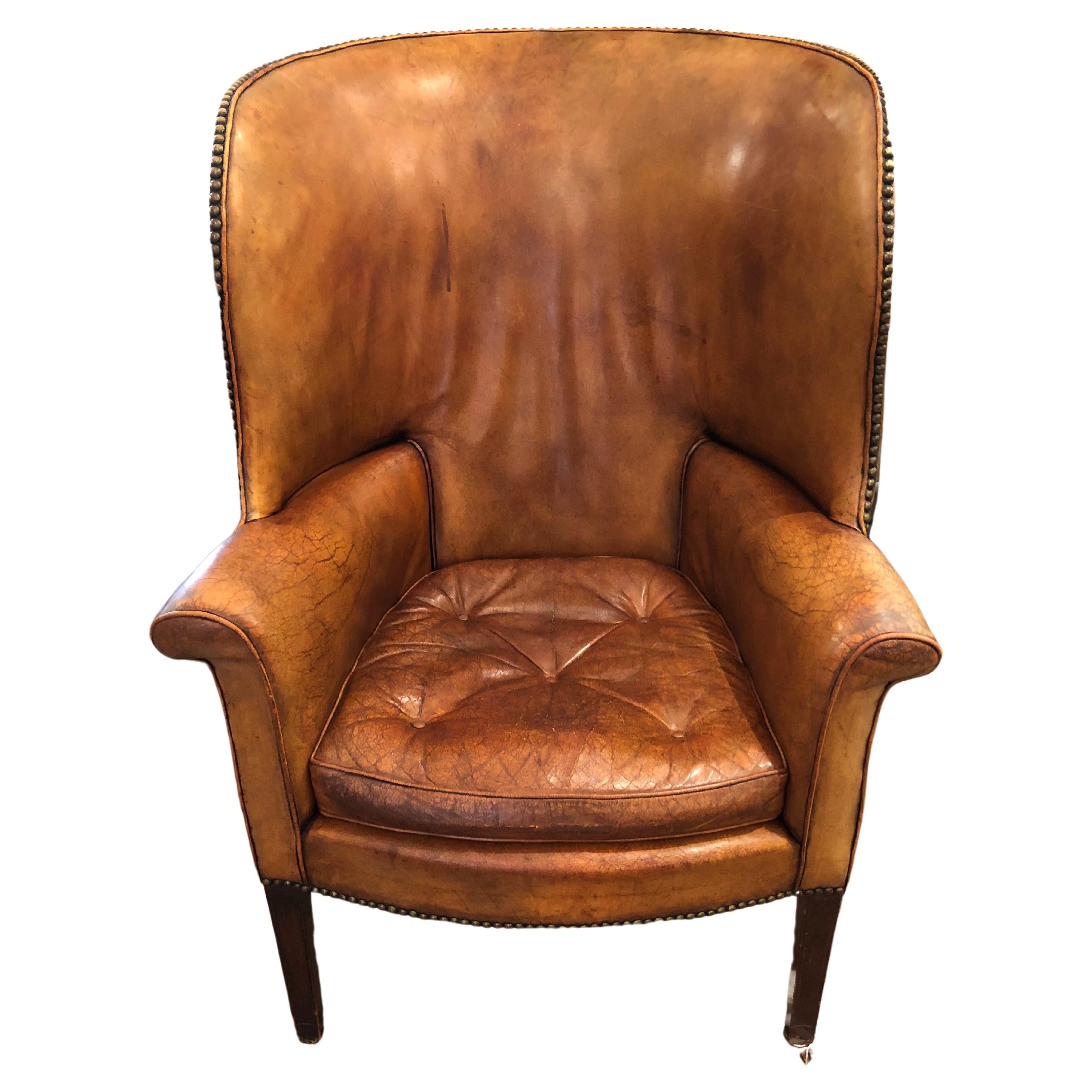 Vintage Distressed Caramel Leather Barrel Back Wing Chair