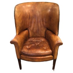 Vintage Distressed Caramel Leather Barrel Back Wing Chair
