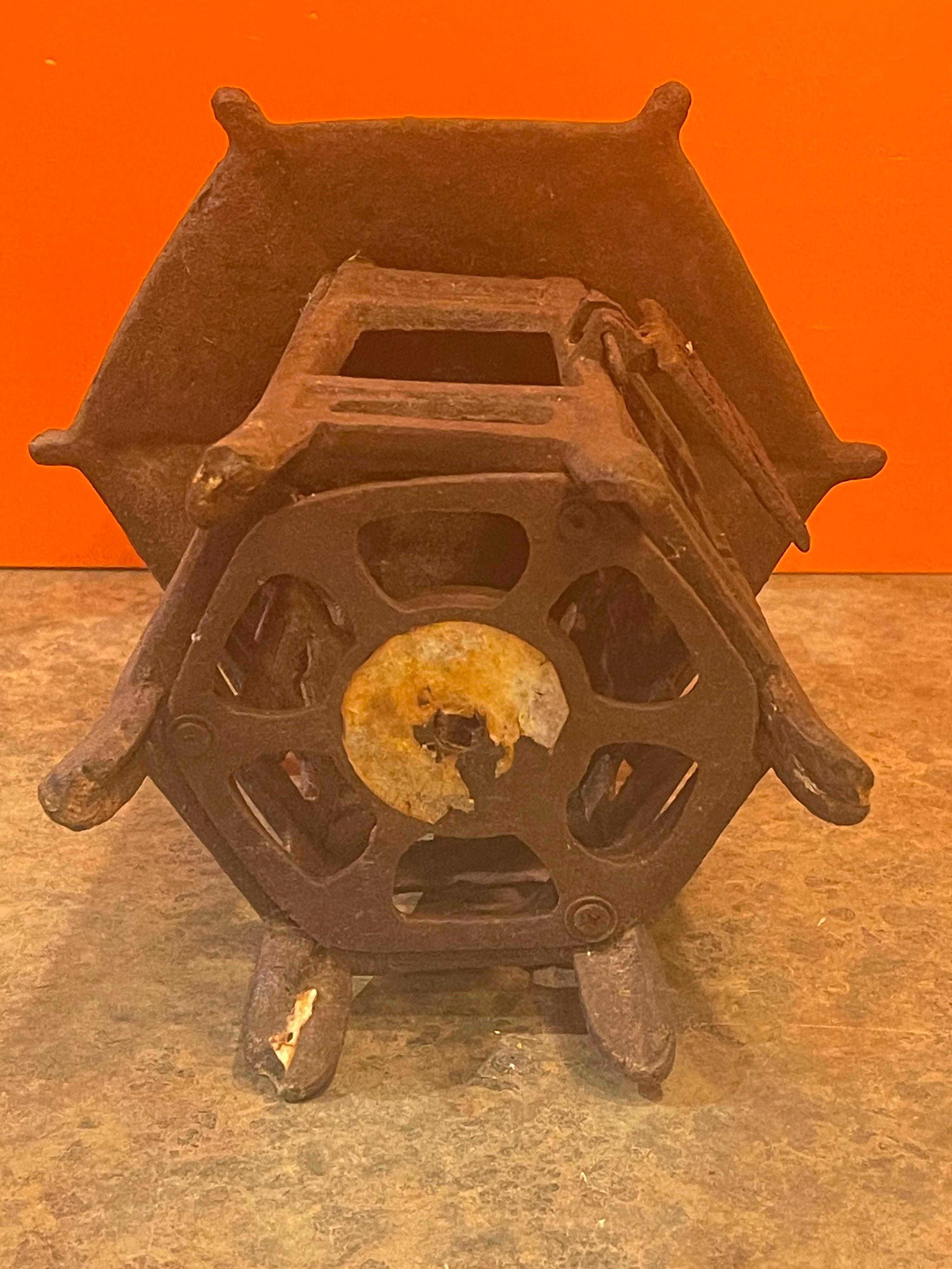 Mid-Century Modern Vintage Distressed Cast Iron Japanese Pagoda Lantern For Sale