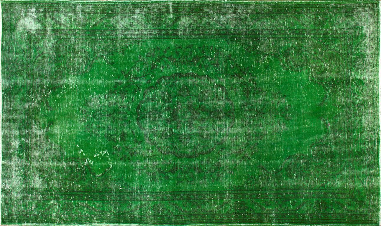 A vintage Eastern rug re-dyed in green color.
Finely hand knotted, low wool pile on cotton foundation. Deep washed.
Sturdy and can be used on a high traffic area, suitable for both residential and commercial interiors.

       