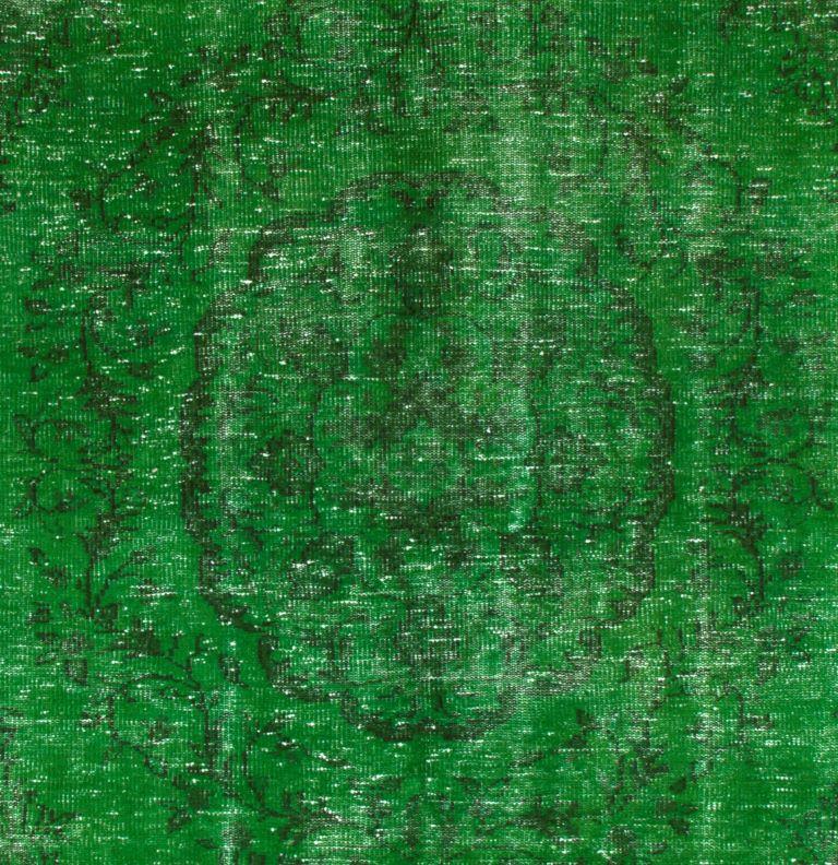 Modern Distressed Vintage Rug Redyed in Green Color. Great with Contemporary Furniture