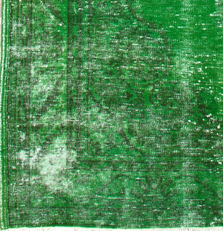 Hand-Woven Distressed Vintage Rug Redyed in Green Color. Great with Contemporary Furniture