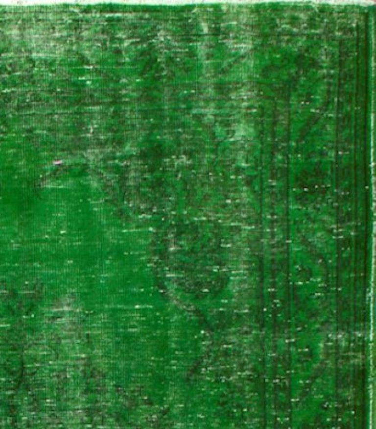 Distressed Vintage Rug Redyed in Green Color. Great with Contemporary Furniture In Good Condition In Philadelphia, PA