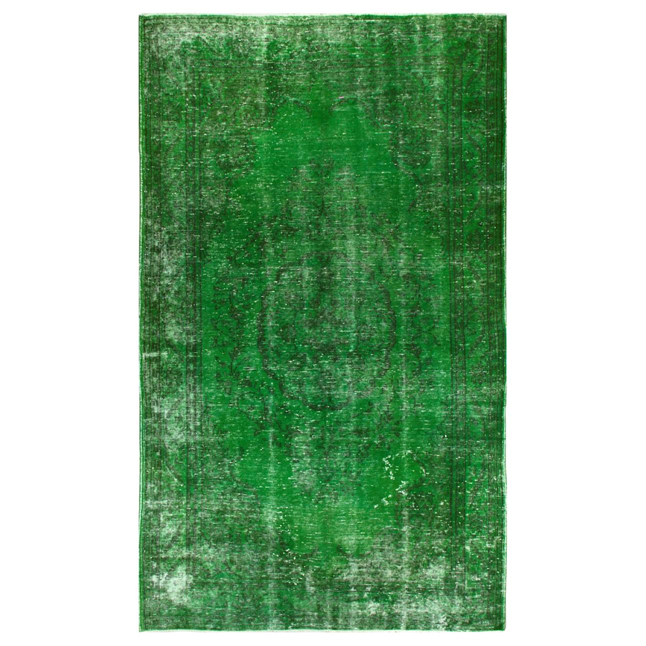 Distressed Vintage Rug Redyed in Green Color. Great with Contemporary Furniture