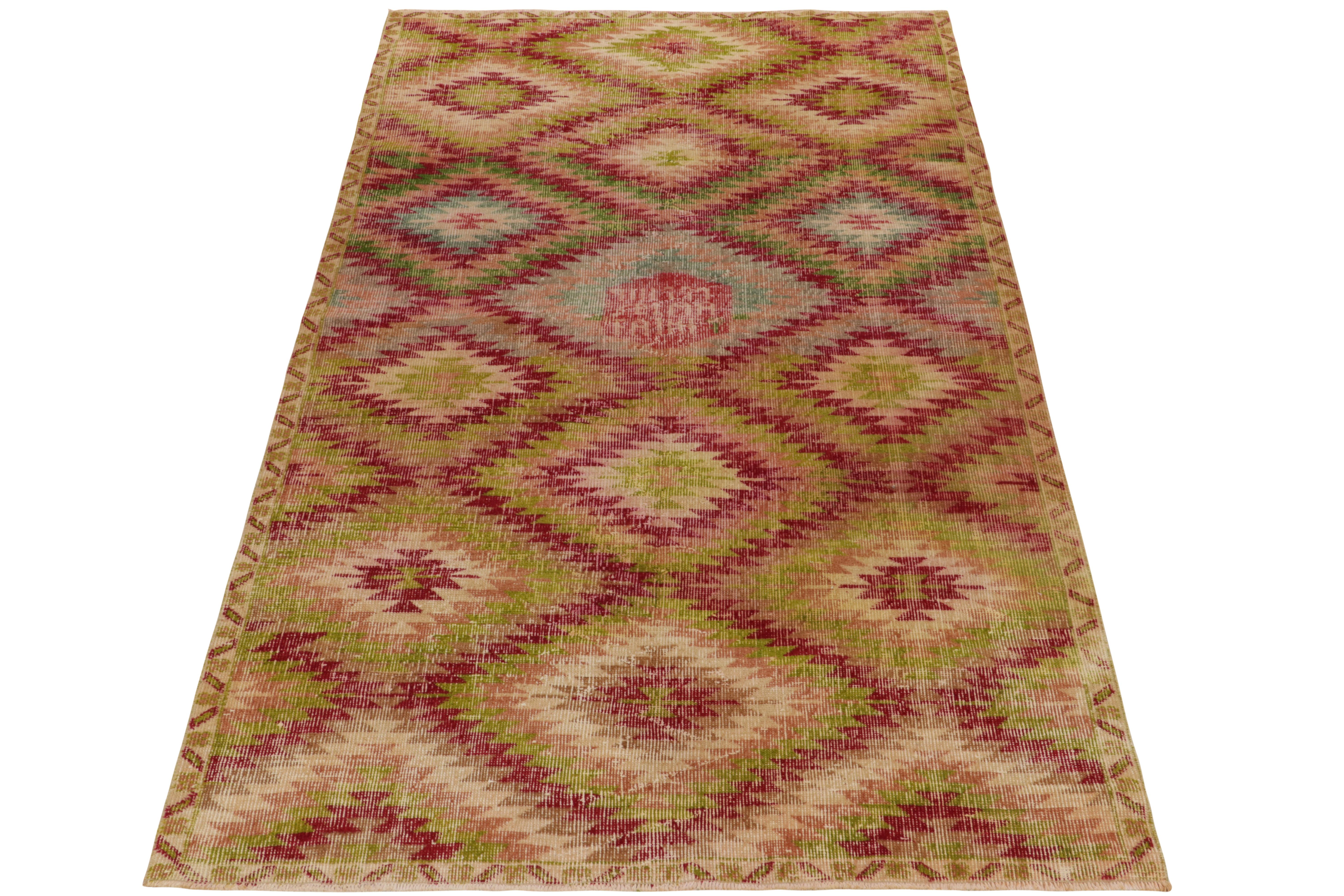 Hand knotted in wool, a 5x9 distressed style rug from our Mid Century Pasha collection connoting the works of a celebrated Turkish designer. Inspired by the Turkish kilims of the 1960s, the rug adapts to a low-sheared pile to imitate distress. The