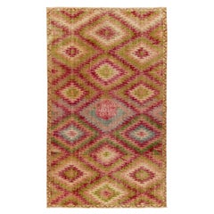 Vintage Distressed Deco Rug in Red, Green, Pink Geometric Pattern by Rug & Kilim